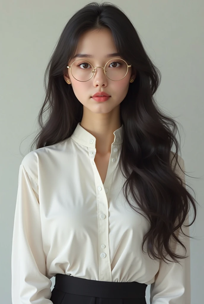 Wearing glasses, 1 Japan, Long Hair, High resolution, Small breasts, sight, Black Hair, Anatomically correct, Sparkling eyes, Eyebrows hidden under hair, hair band, Long shirt dress, Full body portrait,Long Hair, look up, Blushing, Portrait Photography, 3D Rendering,
