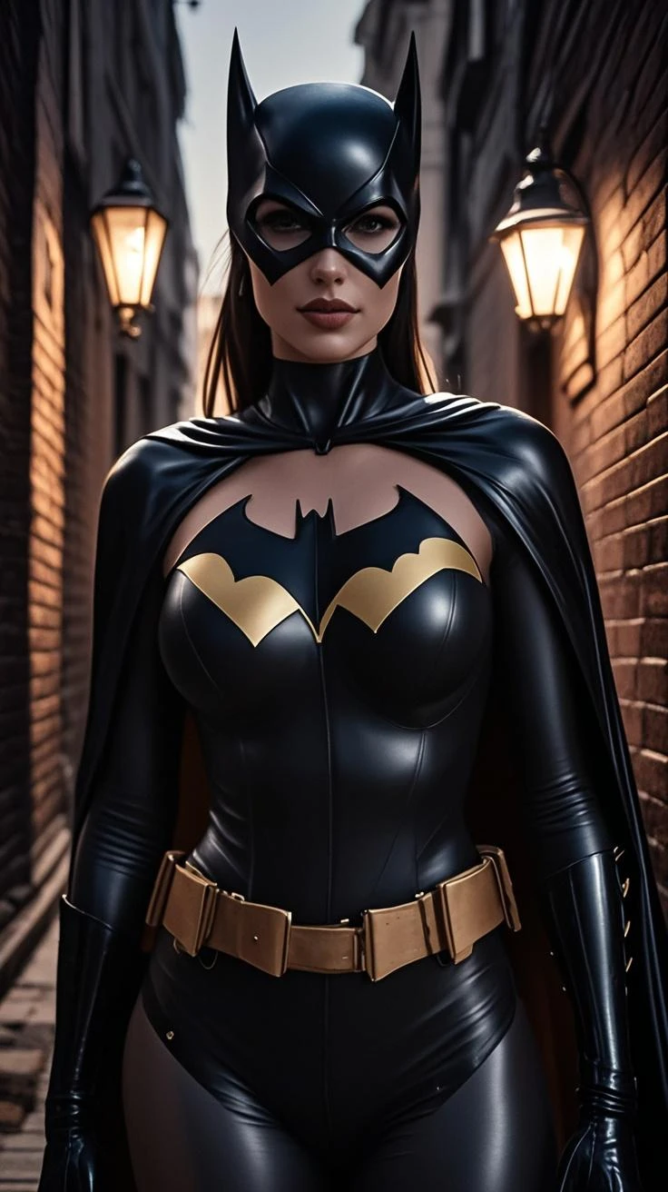 8K, Ultra HD, super details, high quality, high resolution. The heroine Batgirl looks beautiful in a full-length photo, her body is sculptural, her long black wavy hair is radiant in a perfect combination with her white skin, her bright blue eyes mesmerize everyone. She is wearing her heroine costume. It consists of a mask that covers the upper part of the face, leaving the eyes visible, and a tight bodysuit. It can be black, dark blue or purple, the material is made of resistant and elastic fabric to provide protection and allow agile movements, on the chest of the costume there is a bat symbol similar to the Batman symbol, she wears a utility belt that contains a variety of useful devices and equipment for her missions, Batgirl's boots and gloves are made of resistant material to protect her hands and feet during combat, she wears a black cape, an aesthetic element of the costume. She looks very sexy, drawing attention to her big breasts and thick legs.
