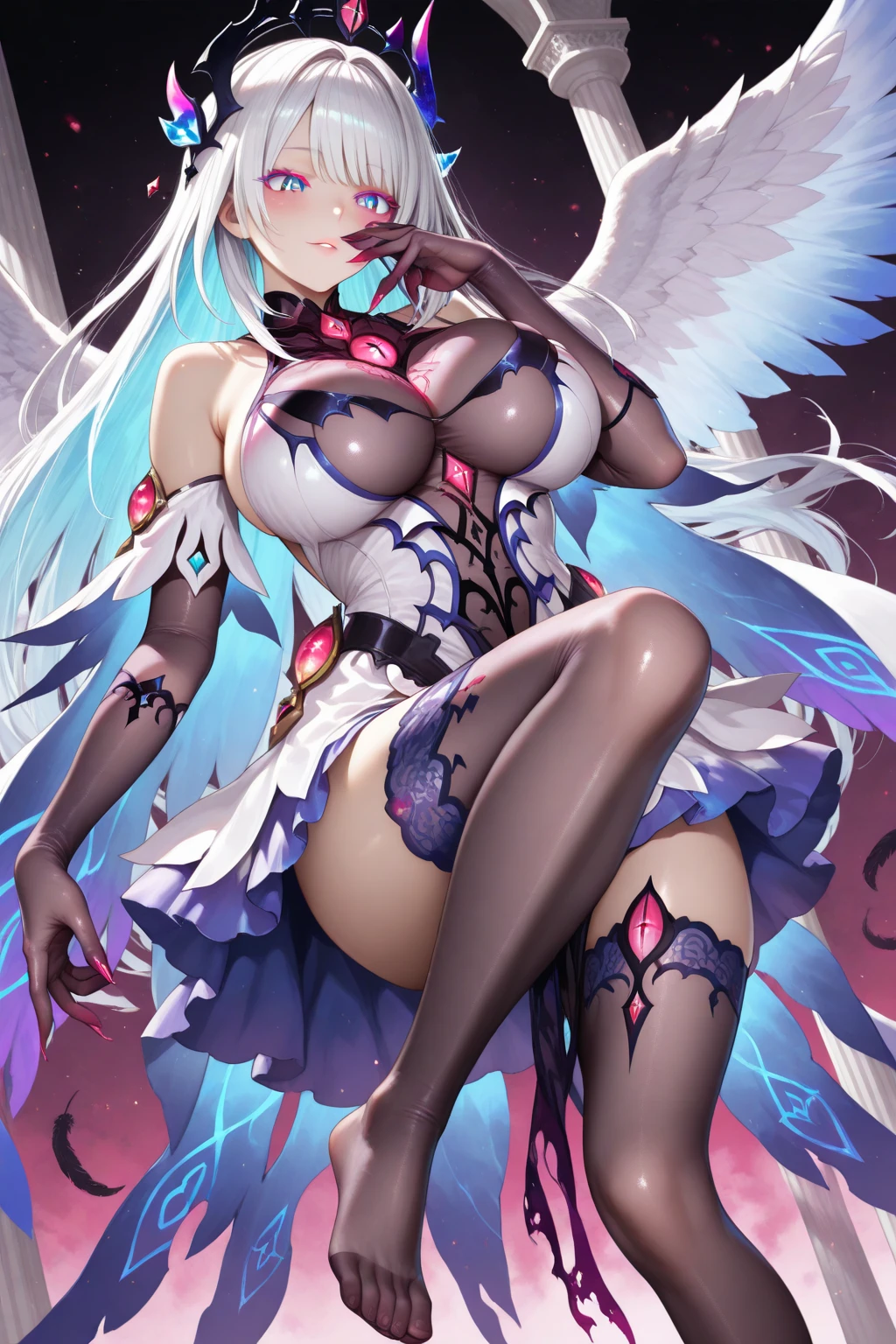 (masterpiece), best quality, expressive eyes, perfect face, X_shaped_red_pupils, black hair, white hair, arlecchino_\(genshin_impact\),ponytail,(magical girl dress),(layered skirt:1.1),elbow gloves,garter belt,asymmetrical legwear,stockings,thighhigh heels,smile,big breasts,crimson moon,battlefield,raven wings,black feathers in the air,standing,standing on one leg,contrapposto,cowboy shot,dynamic angle