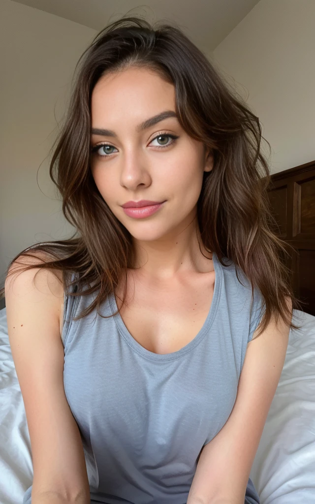 22-year-old woman, ein elegantes Erscheinungsbild.  My brown hair falls in long waves over my shoulders and frames my face and emphasizes my green eyes. Meine vollen, red lips are shaped into a smile. My snub nose is covered with freckles, which contrast with my tanned skin. Meine Augenbrauen sind dick und dunkel, gives me a seductive look. Meine Wangenknochen sind hoch und definiert, und meine Wimpern sind lang und geschwungen. zeigt meine Kurven. mit sexy Dessous auf einer Couch sitzend , portrait, Getreide , professionelles Fotoshooting Rohfoto , fujifilm , Polaroid , Blitz,
