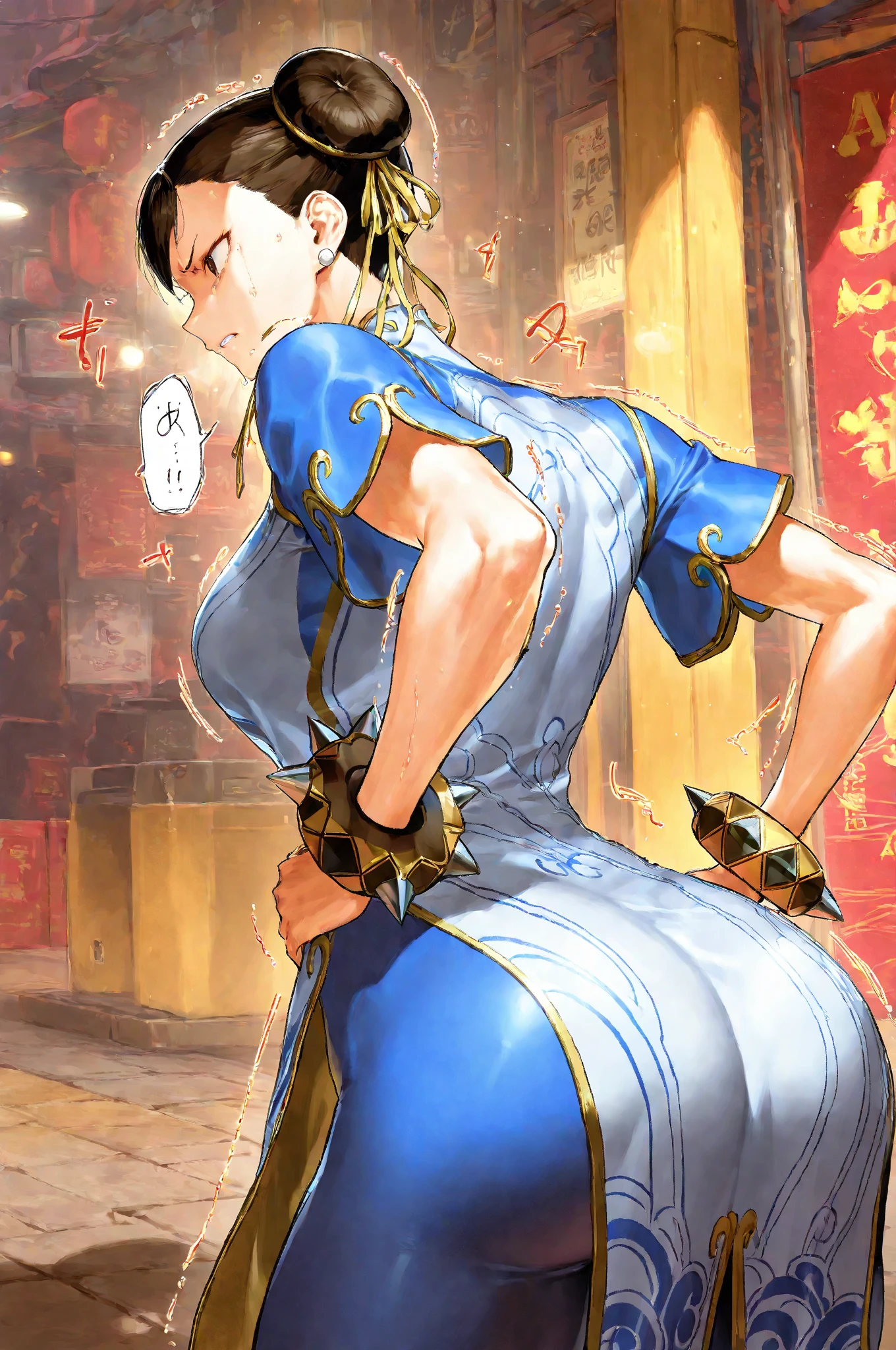 Chun-li from Street Fighter 6,1 girl,Chinatown in the background,strained back,lower back pain,painful sound effect"Ghee",Hands on hips,painful expression,Trembling with pain,(((Add effects that indicate light redness and pain in the lower back area、Use warm tones that convey pain or discomfort))),8k,masterpiece