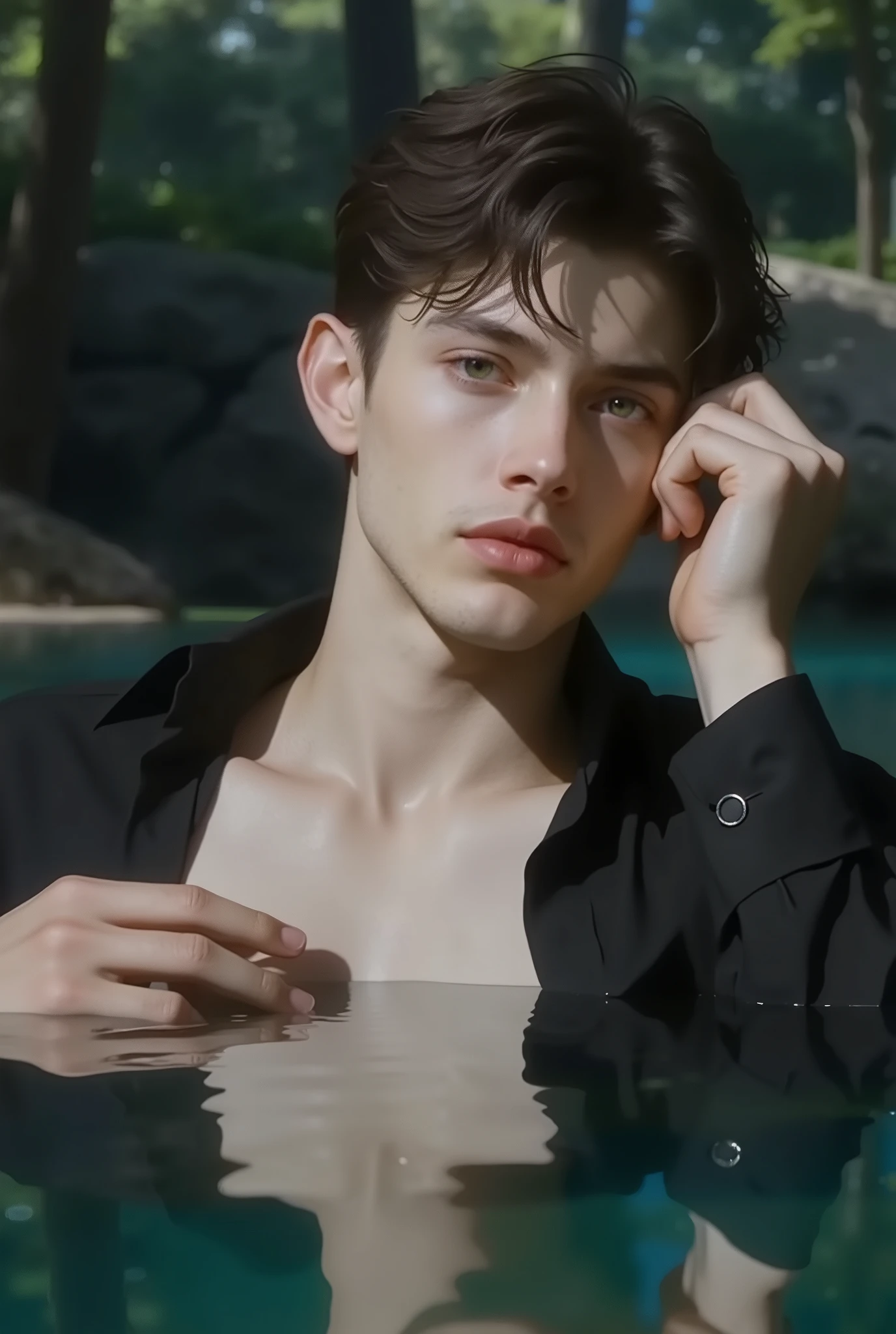 Narcissus as an adolescent Caucasian man, white pale skin , no beard, soft green grey eyes, dark afro expresso hair, face and features soft sculpted lips, well-defined jaws and cheekbones divine beauty , Divine Aura, the edge of a lake in a beautiful forest. golden ratio face