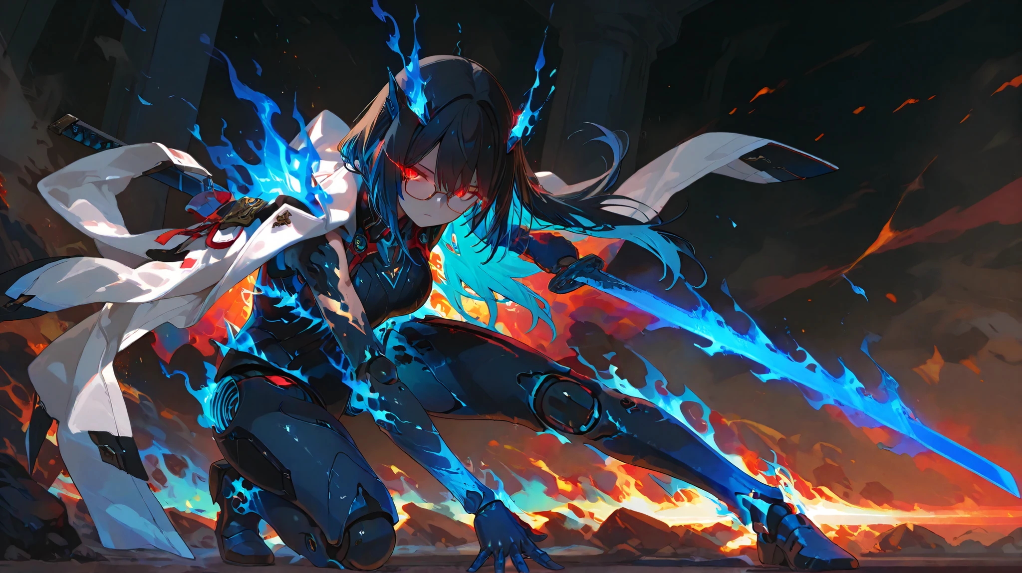 (masterpiece, Highest Quality), (very detailed, Highest Quality, Official Art,  beautiful、sophisticated: 1.2), Female 1 , armor, sword, red eyes , glowing  eyes , black hair , turquoise colored inner hair , engulfed in flames、headgear, full body, combat stance、glasses, ((Blue flames shining from shoulders, elbows, and knee joints)), Exoskeleton , 