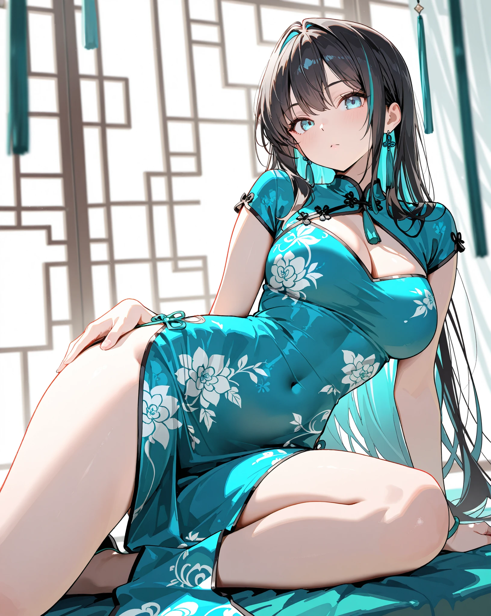 masutepiece,Best Quality,High resolution,Fine details,Solo,Adult Woman,blush,Curve,Large breasts,Sweat,Oily skin,(Brightly colored embroidered cheongsam),(On a luxury hotel bed)、Dark brown longhair、lyin in bed、Shy laughter、Stretch the hem of the buttocks with a slouch