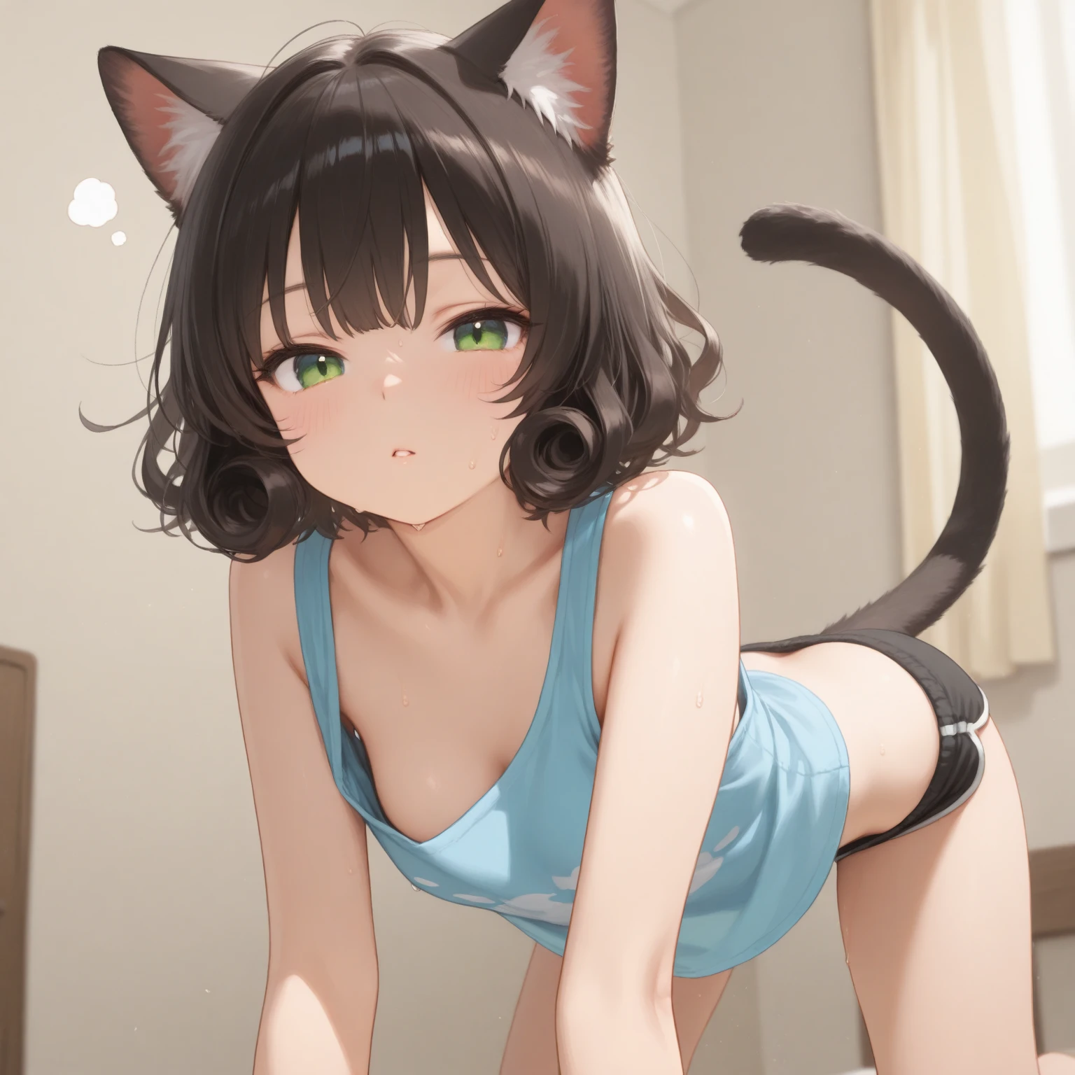 A young female white cat furry, white fur, black long hair , hair covering left eye, green eyes, young furry, short height, short tail, swimsuit, kneeling down on bed