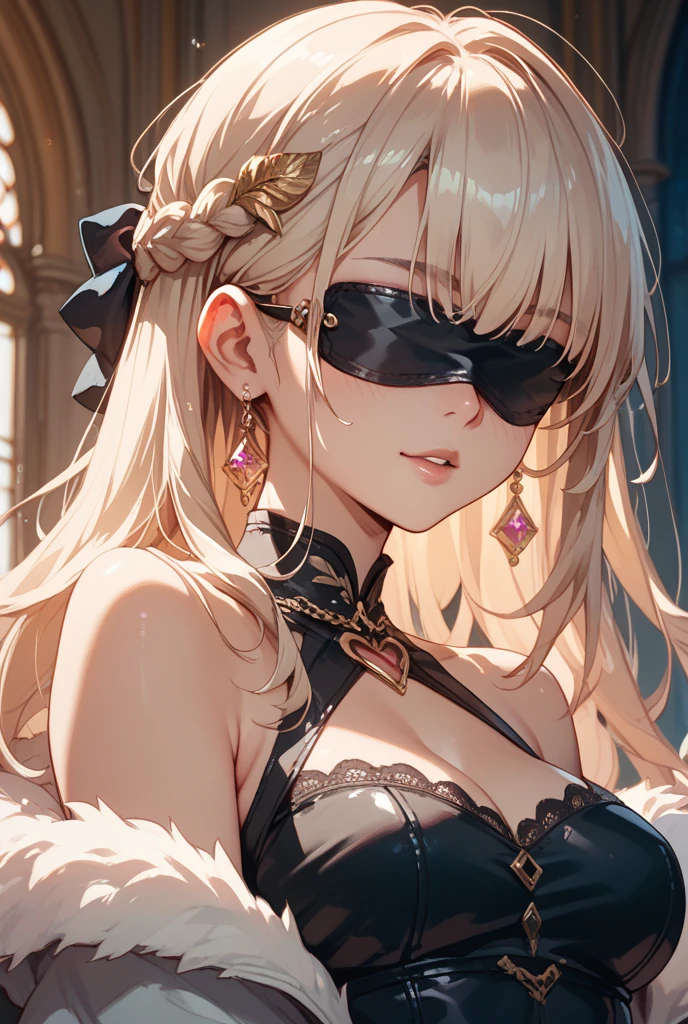 One girl wearing a masquerade mask, Only the mouth is visible, The eyes of the mask are white and cannot be seen., The eyes are hidden by the mask, Big Mask

