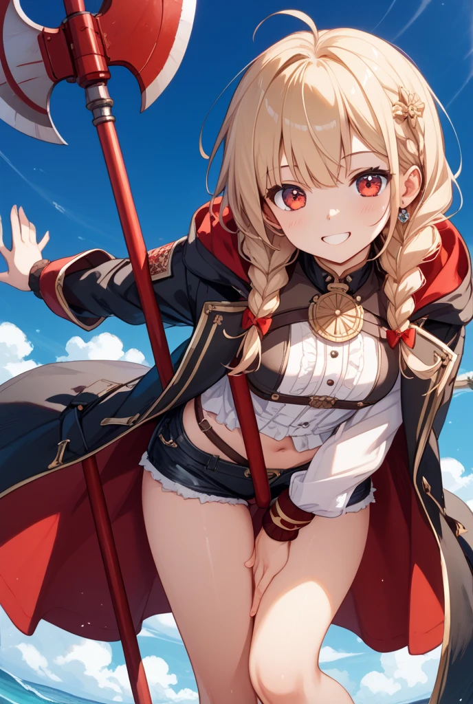 GRANBLUEfantasy,1young_teen_ girl,brown_hair,medium_bob_hair,platina_blond_hair,white_leotard,covered_crotch,thigh-highs,smile,standing,bluesky_landscape_background,slightly_spread_legs,happiness, short_gloves ,solo, r18, navel,relicbuster,short,boots,open_mouth,sitting,knees,blush,shy,piledriver,(crotch:1.3)