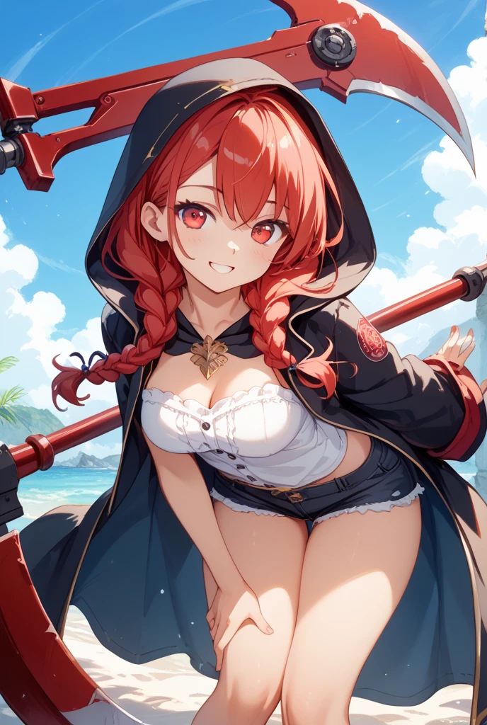 (masterpiece), scenery, sunlight wheat-colored skin Desert Horizon, Upper body, 1 girl, Red hair assassin short hair, Ruby Eye crimson eyes seriously No eye highlights looking at viewer, face focus glare seriously Devil Ears wearing a hood black robe bikini armor Thighhighs wheat-colored skin brown skin big breasts cute My abdominal muscles are cracked hair tied back Hands folded behind your back