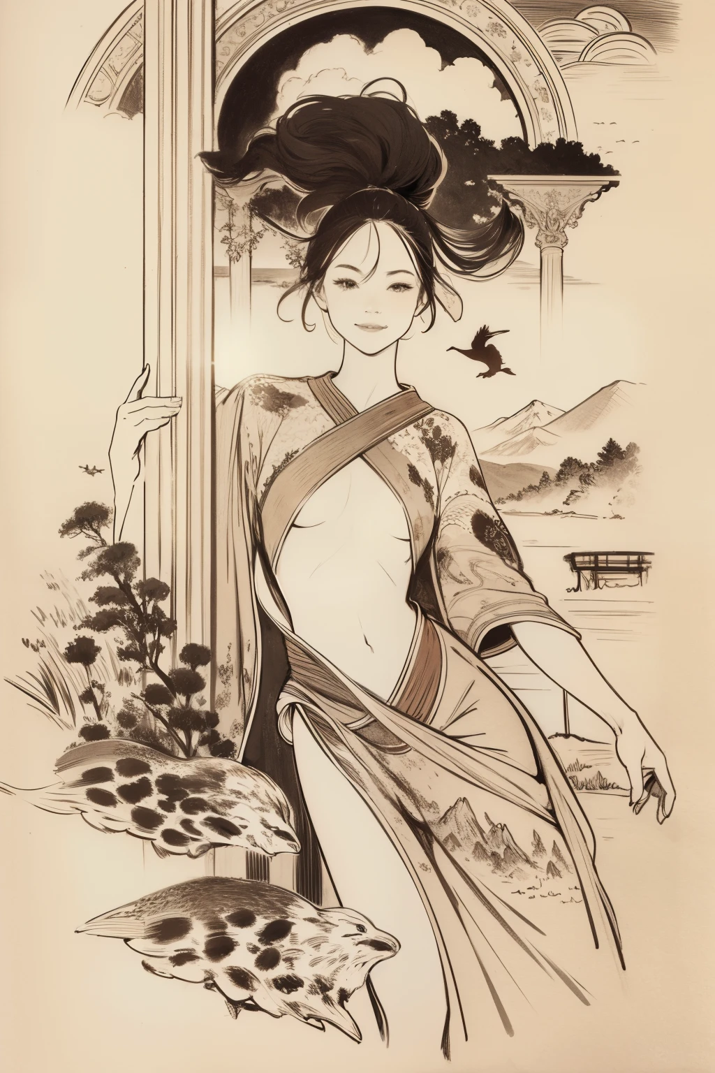 girl，black and white painting，Outline with black ink，smooth lines，通过墨迹的浓淡对比展现girl的表情和姿态，The background is simple，emphasize light, shadow and space，lots of white space，Use thick and light inks to create light and dark changes and layers，Choose the right ink color，Such as deep black、Thick gray、Light coffee, ETC，Express different situations and atmospheres，Control the gradient and transition of ink colors through the humidity and consistency of the ink，black and white tones， 中国传统ink painting, Chinese traditional art, ink painting, 中国ink painting, Chinese painting style