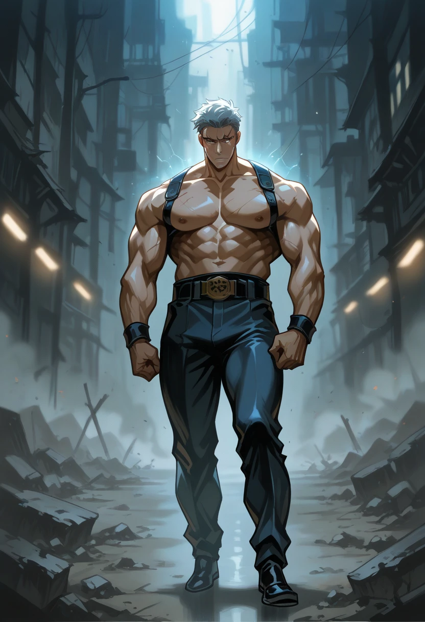 man 2.10 meters, robust, muscular, serious countenance, Lost look, in a lonely alley, Whole body, clenched jaw, Light hair, frown, big jaw, Hollow eyes, standing next to a pretty girl 1.50 meters