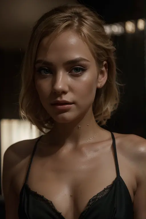 A beautiful blonde woman in an elegant pose, with brown/green eyes, blonde hair, in a nightclub, (best quality,4k,8k,highres,masterpiece:1.2),ultra-detailed,(realistic,photorealistic,photo-realistic:1.37),intricate details,high quality lighting,cinematic lighting,dramatic lighting,chiaroscuro lighting,moody lighting,glowing skin,flawless skin,detailed facial features,long eyelashes,full lips,expressive eyes,graceful posture,elegant black dress,shimmering dress,dramatic expression,cinematic composition,rich color palette, volumetric fog,depth of field