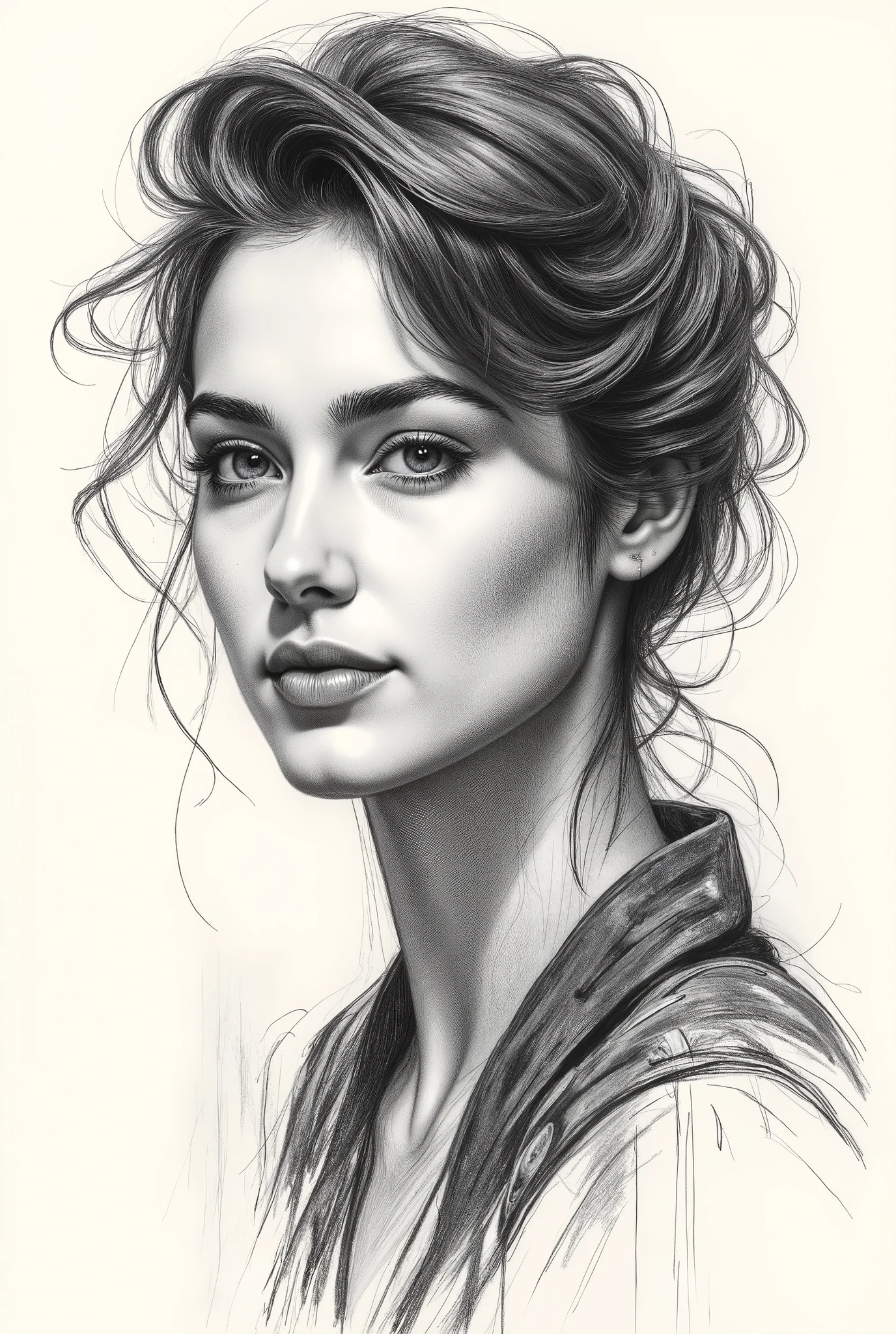 pencil drawing, Black and White, Touch of a pencil , soft-focus realism covered with graphite brushstrokes, gentle and confident expression, detailed Touch of a pencil , black and white sketch on white paper, with classical aesthetics、precise pencil portrait, Waste paper texture , very detailed. (top quality, 4K, 8k, Hi-Res, masterpiece:1.2), Super Detailed, (Realistic, photoRealistic, photo-Realistic:1.37), lithograph portrait, A dark-haired woman with a short bob painted on a golden painting, in Charlie Bowwater style, monochrome sketch on white paper, Michael Garmash, comic art, Realisticカラーパレット, dark black and beige, dark blue and dark black