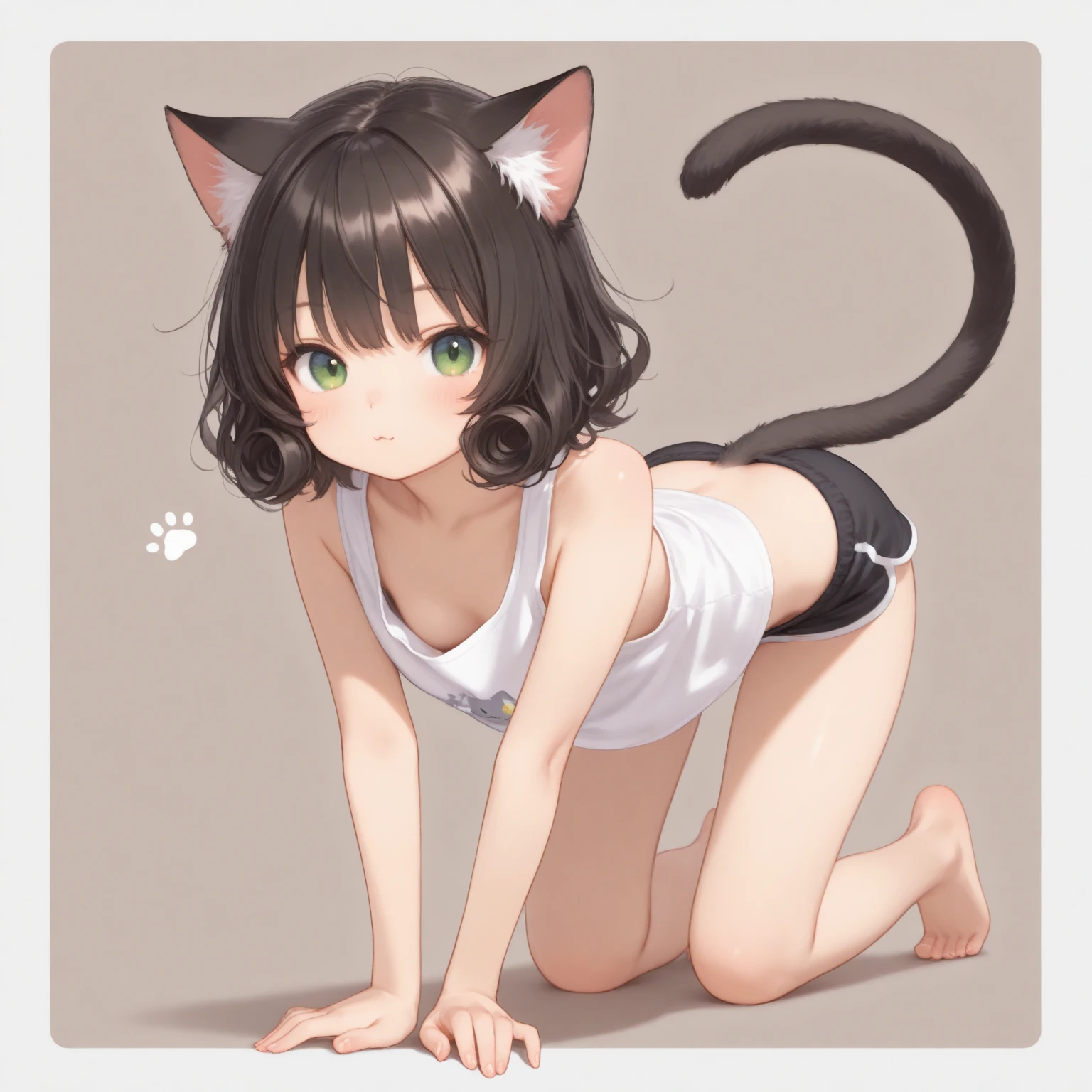 (Melhor qualidade,4K,8k,high resolution,mesa:1.2),ultra-detalhado,animal ears, brown hair, white and green cat ears, big eyes, big green eyes, (long white cat tail), ((puffy cat paw gloves)), fangs, short hair, ((shirt tank top with wide short arms sleeves)), bare shoulder, bare arms , small underwear,on the knees, human feet, smiling, mouth open,on the knees,butt cheek,1girl,23 years old,full body,(solo),(big butt),(((sideboob))),(simple bright white background),allfours side_view, perfect breasts format