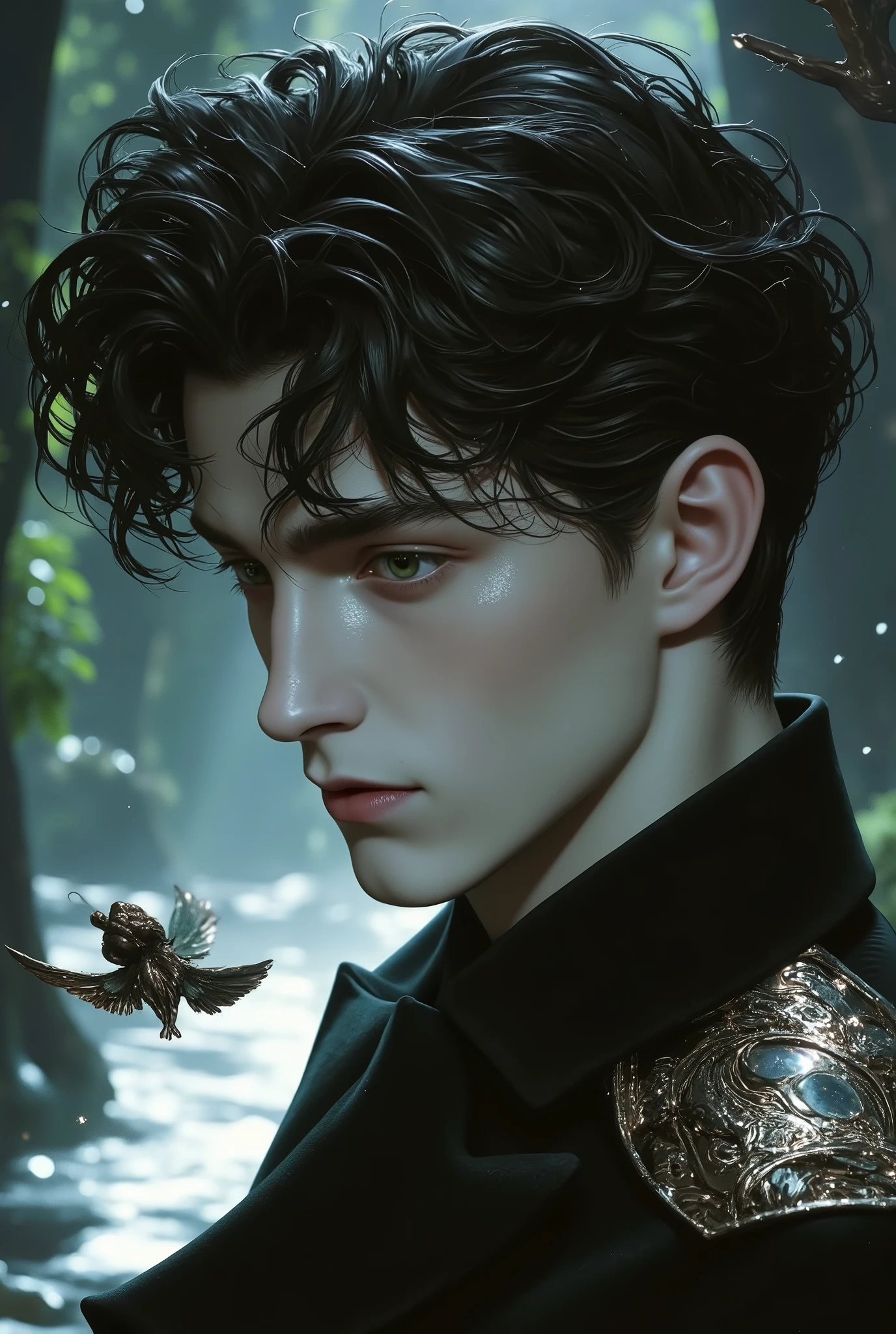 Narcissus as an adolescent Caucasian man, white pale skin , no beard, soft green grey eyes, dark afro expresso hair, face and features soft sculpted lips, well-defined jaws and cheekbones divine beauty , Divine Aura, the edge of a lake in a beautiful forest. golden ratio face