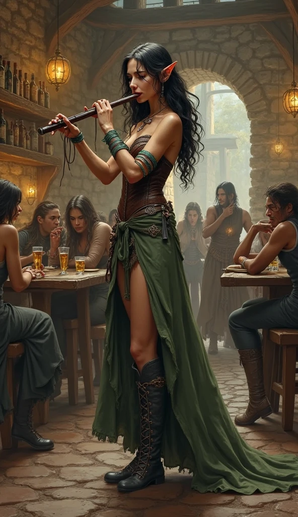 (Masterpiece), (detailed), (high res), (high quality), curvy medieval barmaid standing on the table with her back arched and drunk men watching her, green garments, black hair, (standing on table on all fours), pudgy, laying on table, (drunk men around her close), (men cant hold themselves), (giant booty seduction), (no self disciple), a lot of men, (men staring at her very close), (men very close to her), (dangerous men)