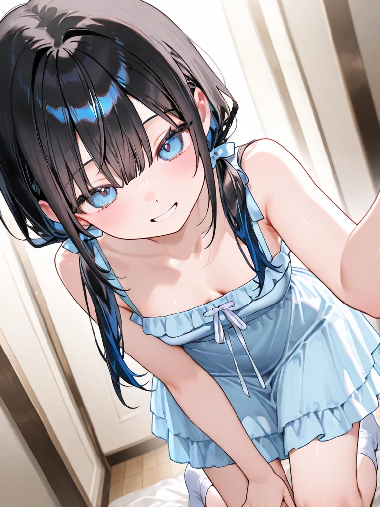 Hands behind your hips,front view,1girl,Beautiful girl at ,Japanese,Slender,small breasts,Baby Face,Small face,Black Hair,Row Twin Tails,Gray Eyes,Drooping eyes,middle School girls,A transparent black and blue negligee,Sexy Lingerie,open mouth,tongue out,front face,Kneeling,Put your chin forward,Beautiful and detailed anime art,A mischievous smile,front view,high angle, looking at viewer, looking ahead, from above,face focus,Sexy vibe,cum on tongue,Dimly lit room,Beautiful room,On the bed,VIP Room,White Room,Simple room,blurry background