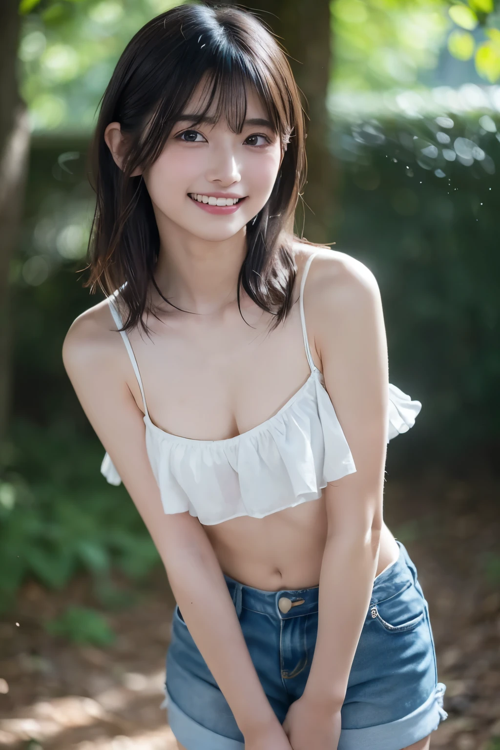 13 years old , 1 Girl,, Off the shoulder, smile, Summer Afternoon、Tank top、Extremely short hot pants、thin、healthy、Active、Play,whole body、barefoot、素敵なsmile、LOL、Looking up、thin目、Slit eyes、Slanted Eyes
