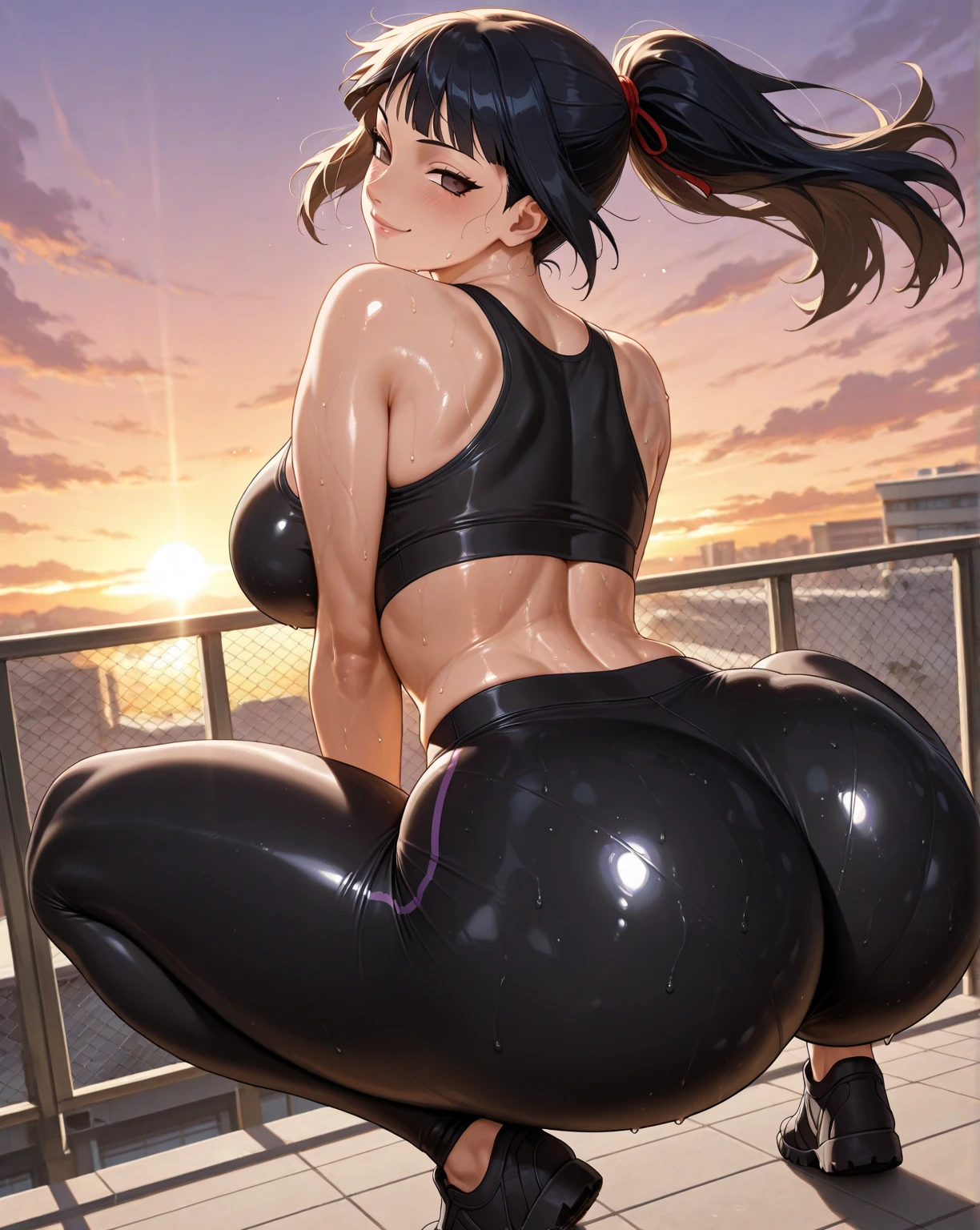 Girl with black hair and bangs with a big ass and wide hips in sportswear