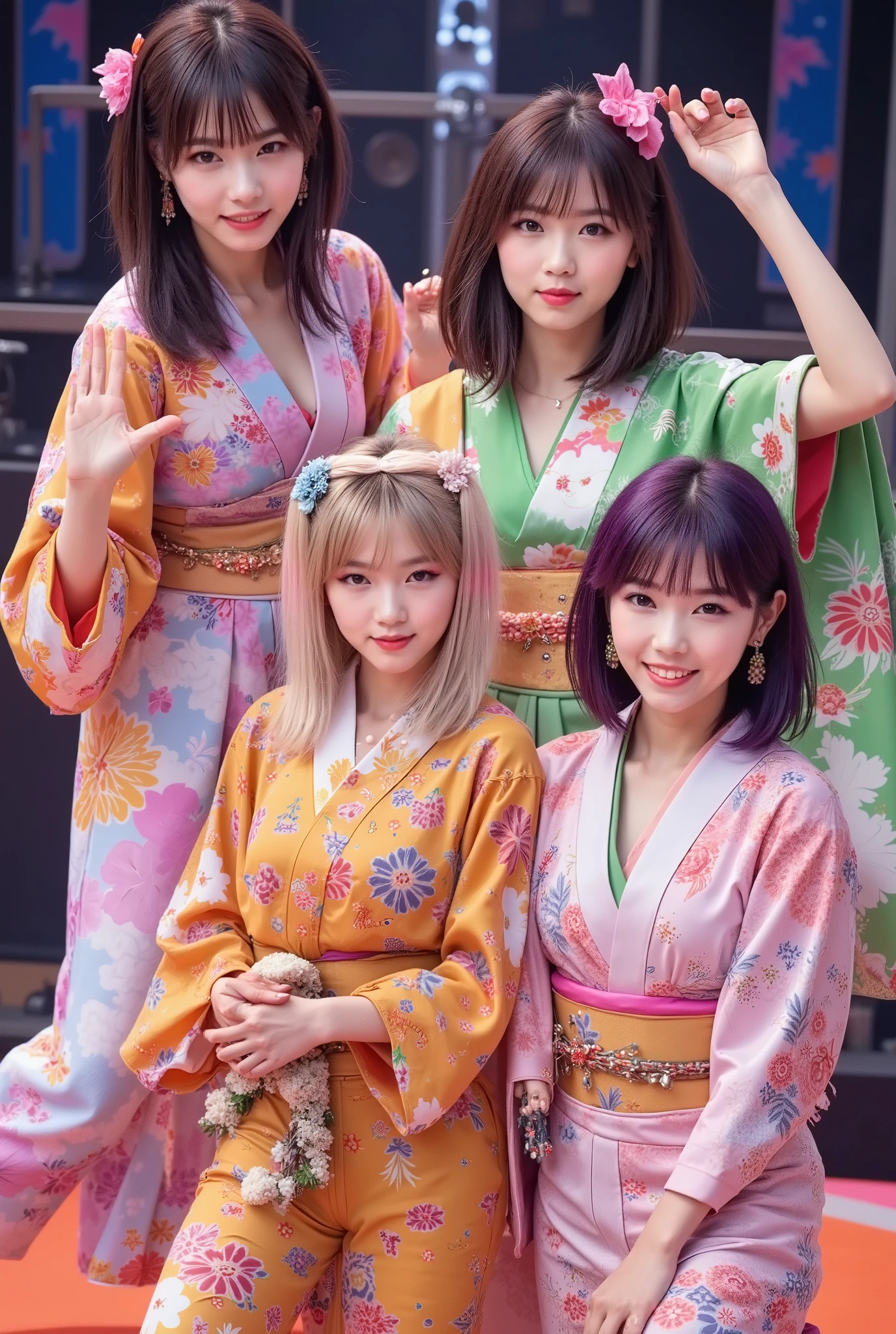 (4 person female idol unit singing live),((着物と帯のを現代風にアレンジした個性的なCostumeを着ている1.5)), ((4 people face、hairstyle、Costume、Draw everything by color 2.0)),Big smiles at fans.Currently performing live