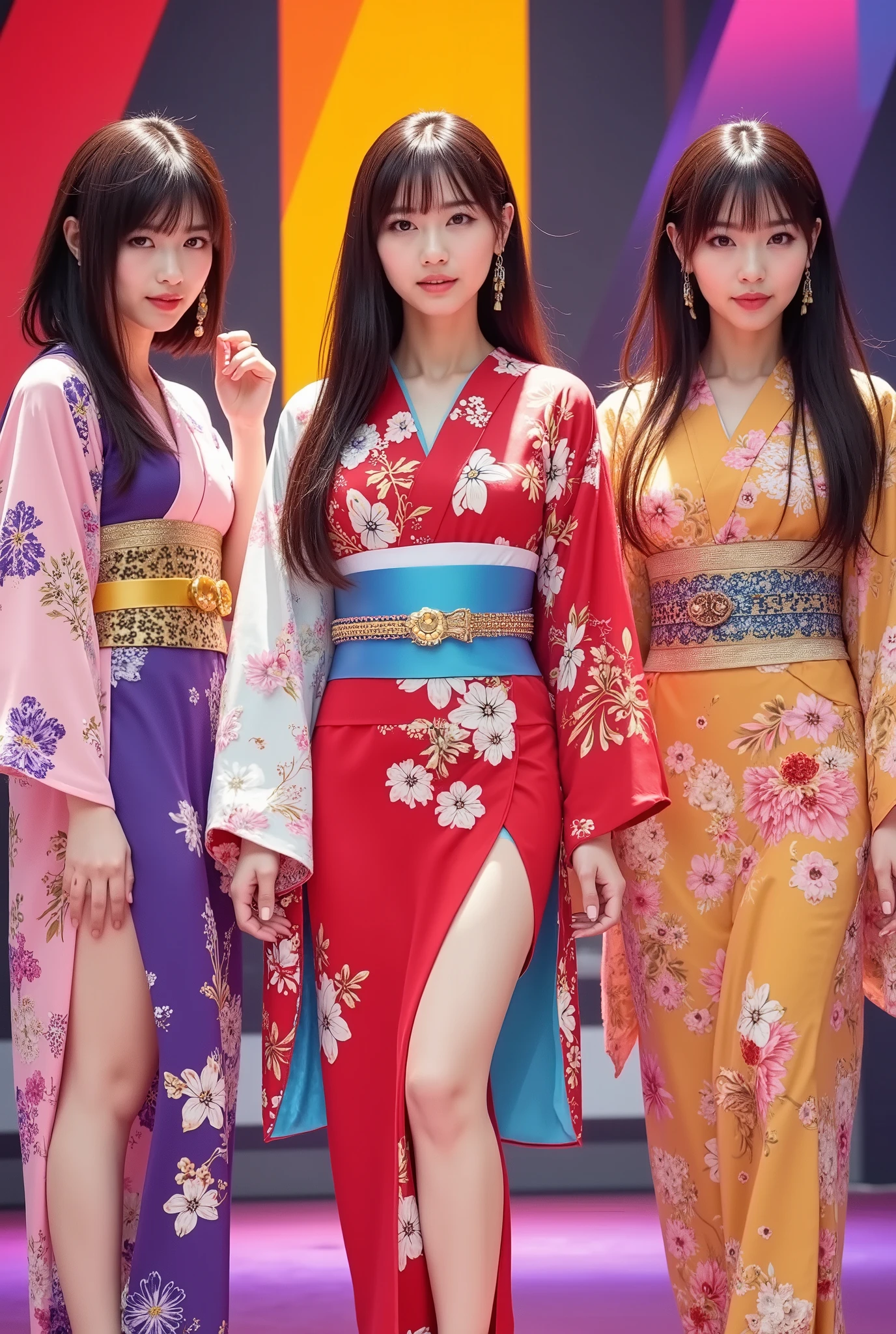 (4 person female idol unit singing live),((着物と帯のを現代風にアレンジした個性的なCostumeを着ている1.5)), ((4 people face、hairstyle、Costume、Draw everything by color 2.0)),Big smiles at fans.Currently performing live