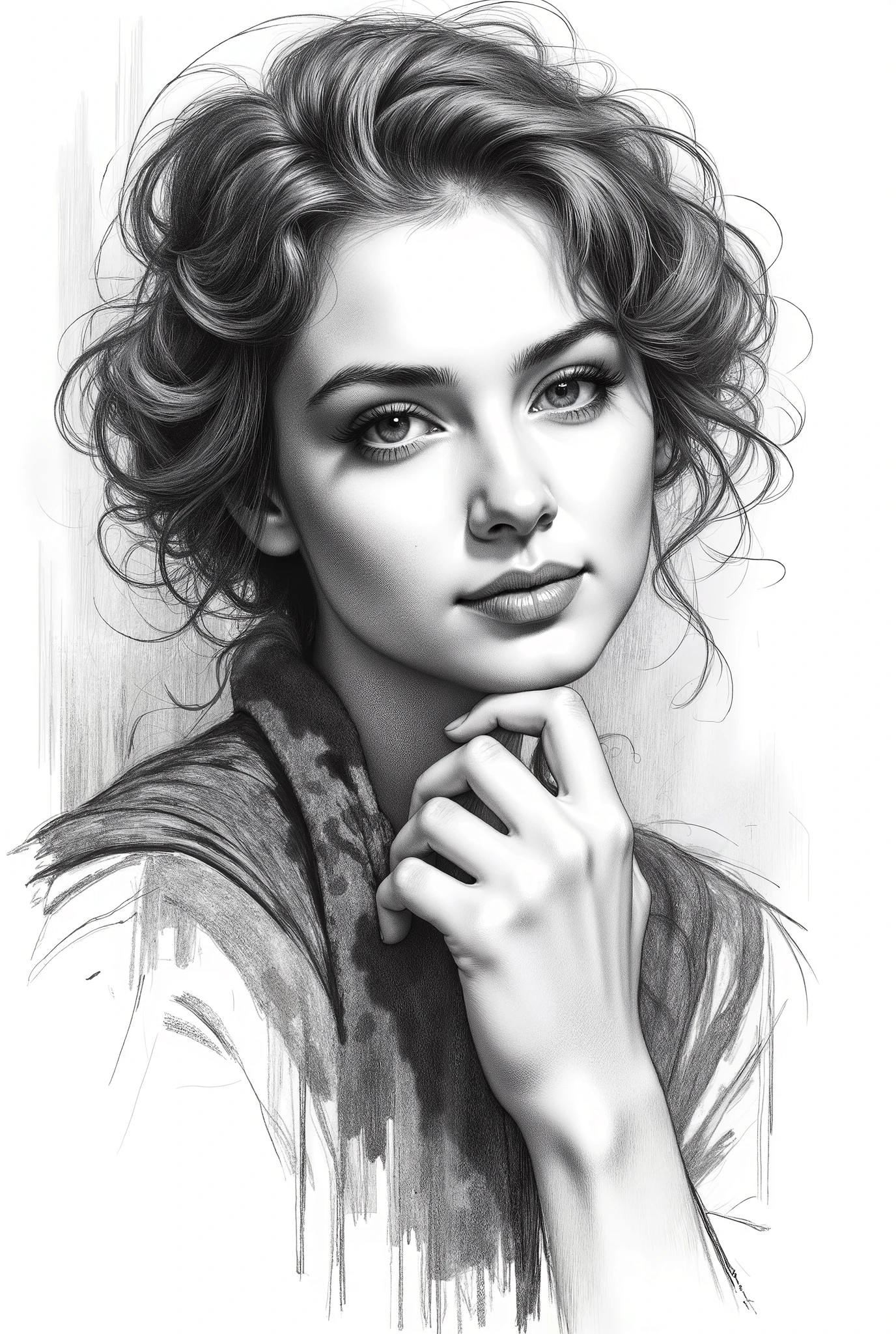  pencil drawing, Black and White, Touch of a pencil , soft-focus realism covered with graphite brushstrokes, gentle and confident expression, detailed Touch of a pencil , black and white sketch on white paper, with classical aesthetics、precise pencil portrait, Waste paper texture , very detailed. (top quality, 4K, 8k, Hi-Res, masterpiece:1.2), Super Detailed, (Realistic, photoRealistic, photo-Realistic:1.37), lithograph portrait, A dark-haired woman with a short bob painted on a golden painting, in Charlie Bowwater style, monochrome sketch on white paper, Michael Garmash, comic art, Realisticカラーパレット, dark black and beige, dark blue and dark black