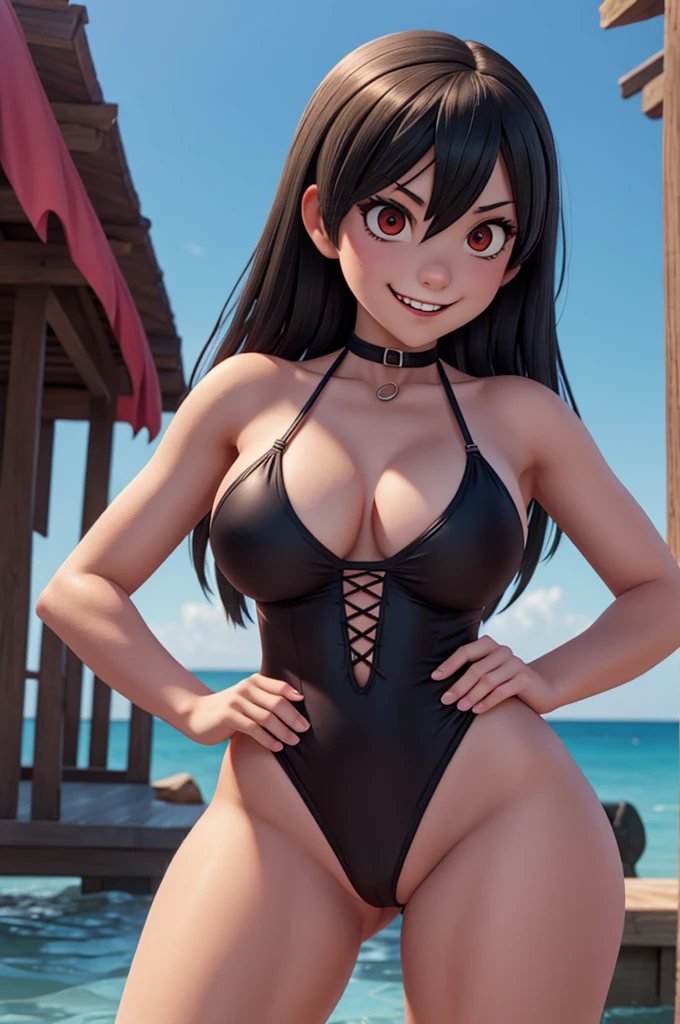 Nagatoro, big cleavage, bikini, barefoot, full body, big bust, kneeling, eye contact, looking at viewer, blowjob, choker
