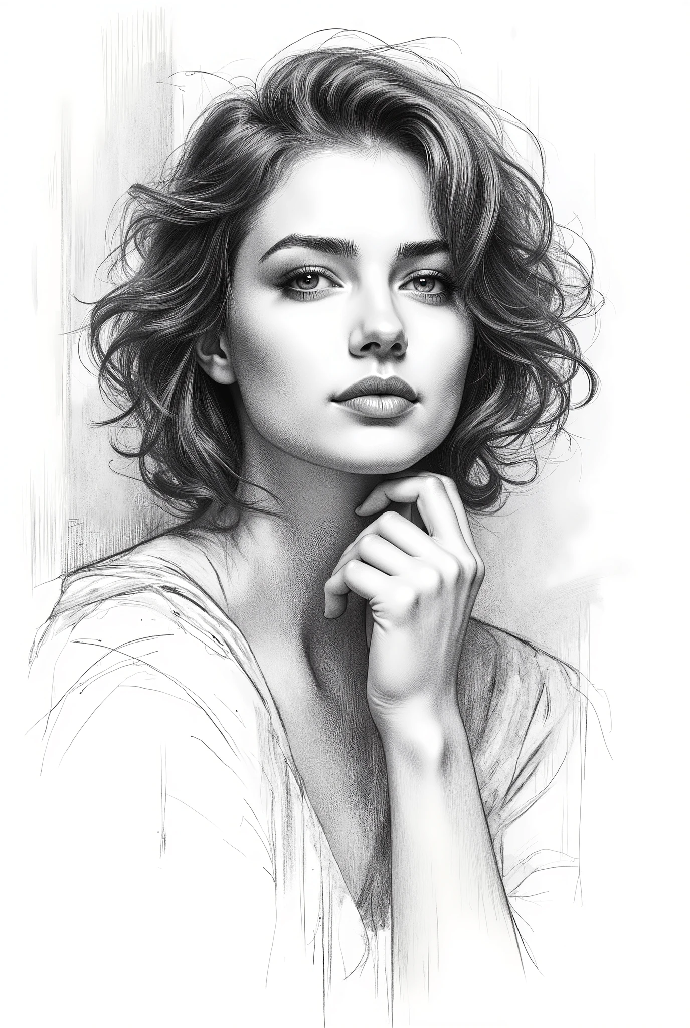 pencil drawing, Black and White, Touch of a pencil , soft-focus realism covered with graphite brushstrokes, gentle and confident expression, detailed Touch of a pencil , black and white sketch on white paper, with classical aesthetics、precise pencil portrait, Waste paper texture , very detailed. (top quality, 4K, 8k, Hi-Res, masterpiece:1.2), Super Detailed, (Realistic, photoRealistic, photo-Realistic:1.37), lithograph portrait, A dark-haired woman with a short bob painted on a golden painting, in Charlie Bowwater style, monochrome sketch on white paper, Michael Garmash, comic art, Realisticカラーパレット, dark black and beige, dark blue and dark black