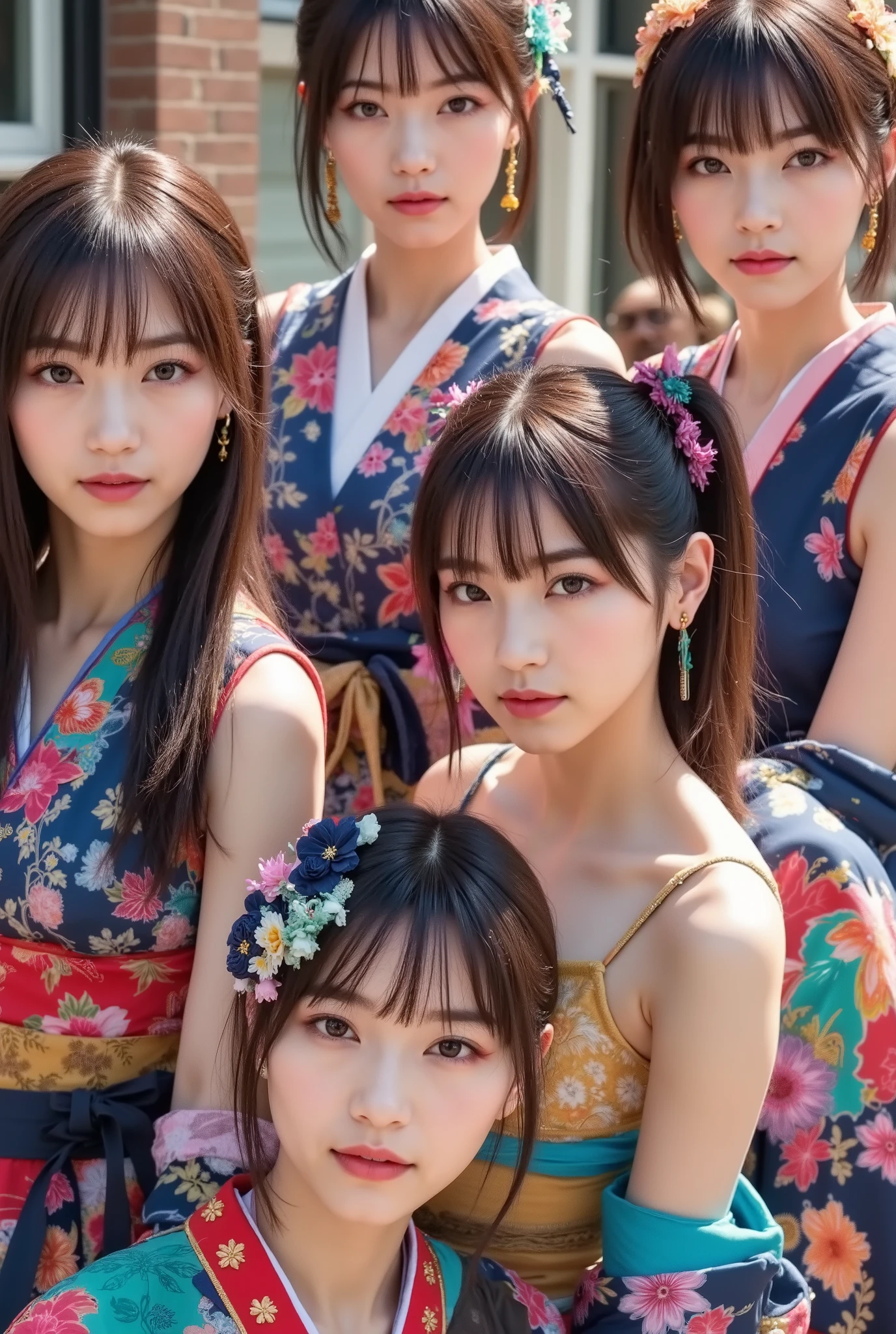((5 person group 1.5)),((female idol unit)),((着物と帯のを模した個性的なCostumeを着ている1.5)),Distinguish all 5 people by their hairstyle、Costume、color all different