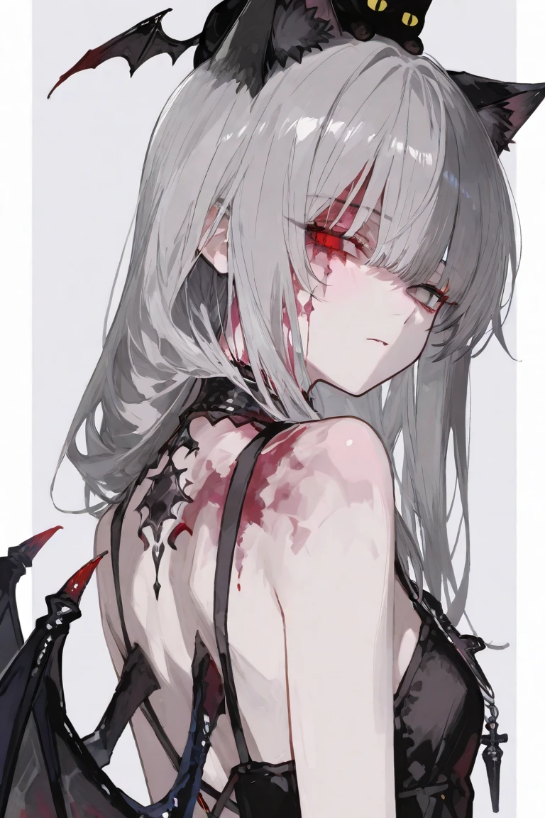 ((Best masterpiece, Perfect quality, Ultra detailed)), A skinny girl, With small bust, With white hair, Is parasitic, Wearing black bra, Wearing black panty, Naked limbs, Injured body, Bloody wounds, Mutated limbs, Parasites, Grotesque, Full body