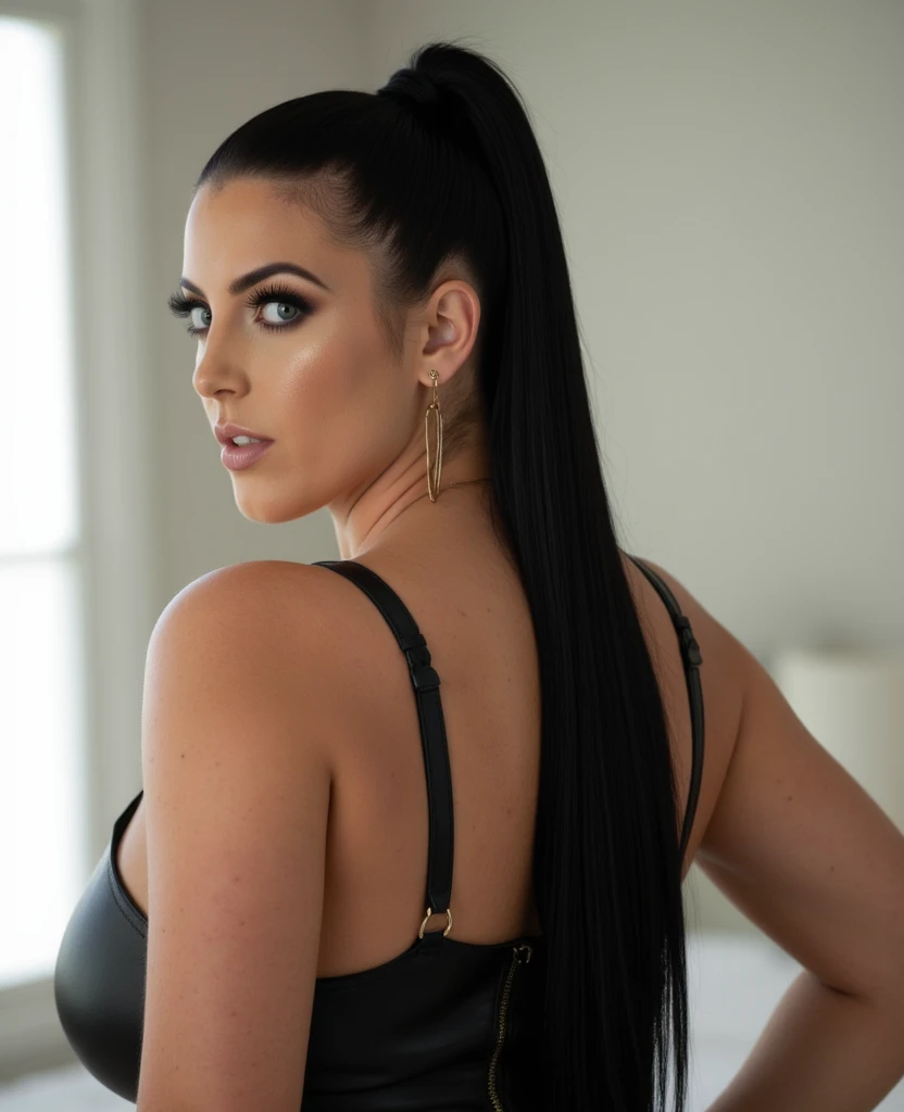 hyper realistic, 16k, best quality, masterpiece, (photorealistic:1.4), 1girl (alone), solo. Pretty young. Gothic aesthetic, goth makeup, black silky hair (realistic texture), hair fringe, realistic eyes, pele-white skin, illuminated skin, realistic shading, (modern) black gothic dress (realistic textures), big hips, tights. waist up, dramatic lighting, from below, front, front view, multiple different poses at different angles, glowing skin, front, back lighting, athletic figure, muscular female, curvy, wide hips, colorful, looking at viewer, Hyperrealistic, gradient background, dark background, outline, cinematic lighting, (chromatic aberration, intricate details)