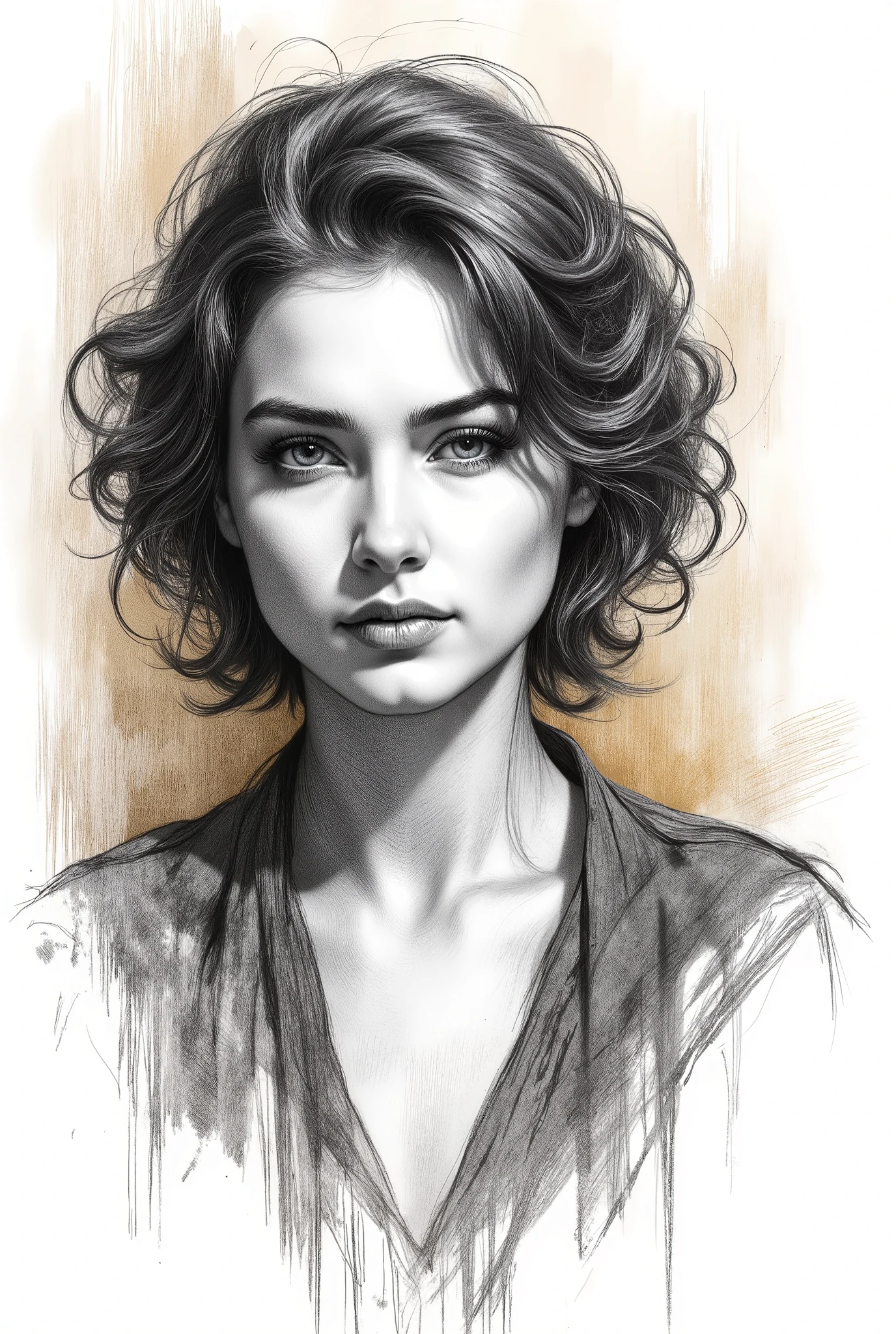  pencil drawing, Black and White, Touch of a pencil , soft-focus realism covered with graphite brushstrokes, gentle and confident expression, detailed Touch of a pencil , black and white sketch on white paper, with classical aesthetics、precise pencil portrait, Waste paper texture , very detailed. (top quality, 4K, 8k, Hi-Res, masterpiece:1.2), Super Detailed, (Realistic, photoRealistic, photo-Realistic:1.37), lithograph portrait, A dark-haired woman with a short bob painted on a golden painting, in Charlie Bowwater style, monochrome sketch on white paper, Michael Garmash, comic art, Realisticカラーパレット, dark black and beige, dark blue and dark black
