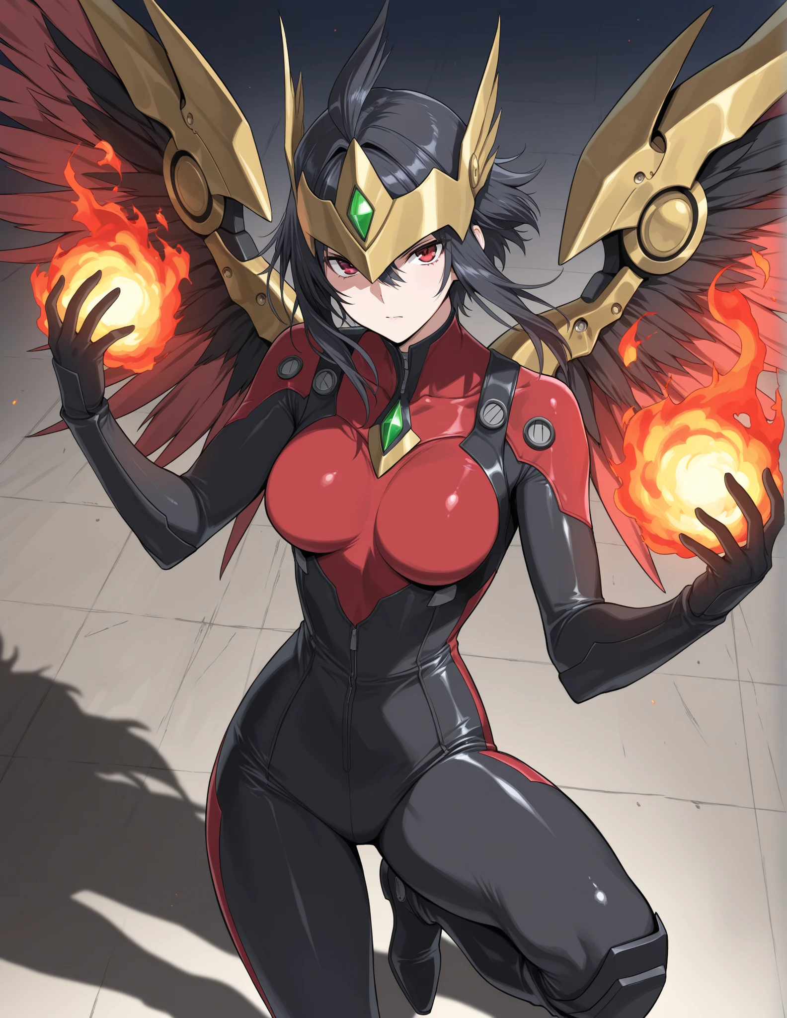 Score_9, score_8_up, score_7_up, score_6_up, reiuji utsuho, arm cannon, third eye, wings, BREAK, (queen_machina), glowing eyes, colored skin, horns, grin, BREAK, huge mechanical body, monster girl, muscular, huge biceps, robot, BREAK, nude, bulky armor, black armor,