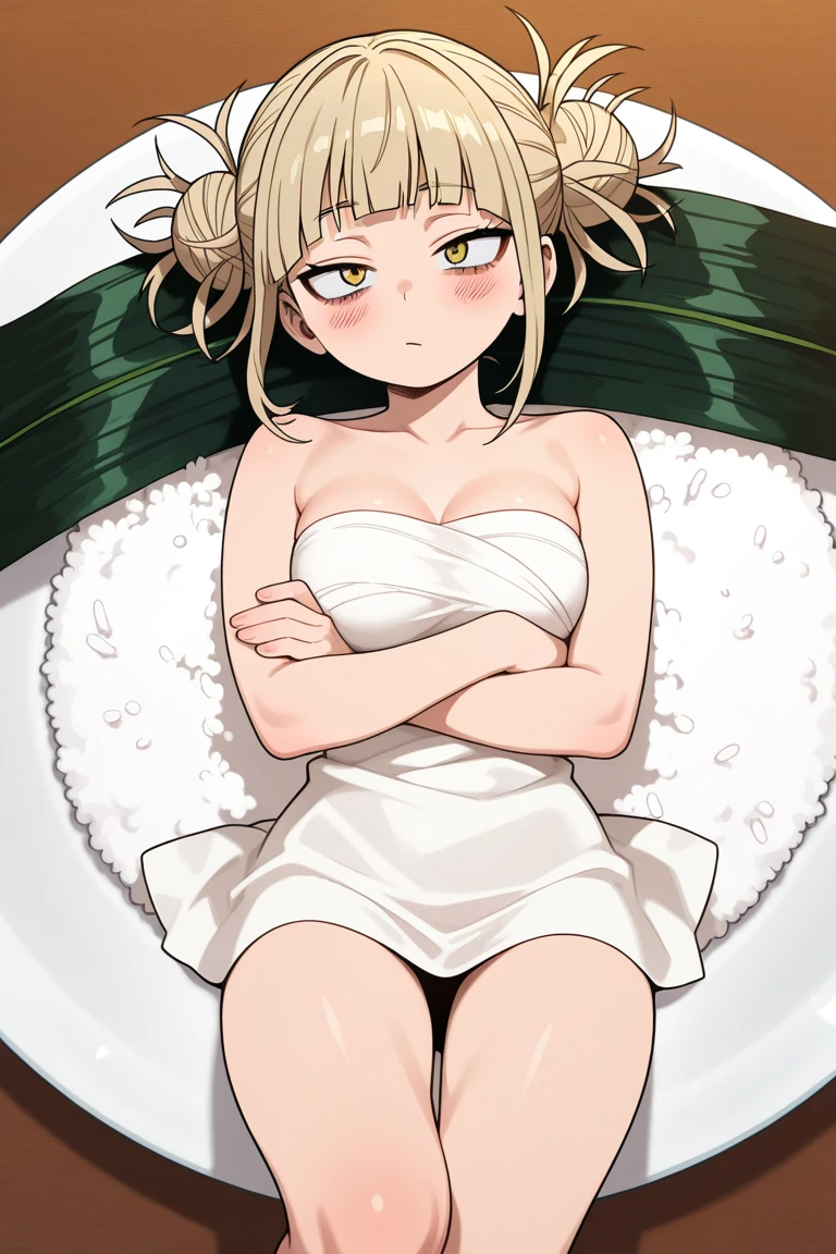 (artwork, best quality) a girl with short green messy hair, green eyes, big breasts, white short towel dress falling on her shoulder, upset, a little blushed, sitting, smoking, haze, inside a sauna box