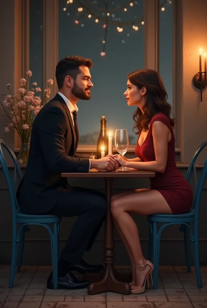 They arrive at a second bar, a smaller, quieter place with a more intimate vibe. The sign reads "Bar Lume."
They continue talking, laughing, and getting to know each other better as the night deepens at a high table with high chairs.
She's wearing a black jumpsuit. He has really short hair.