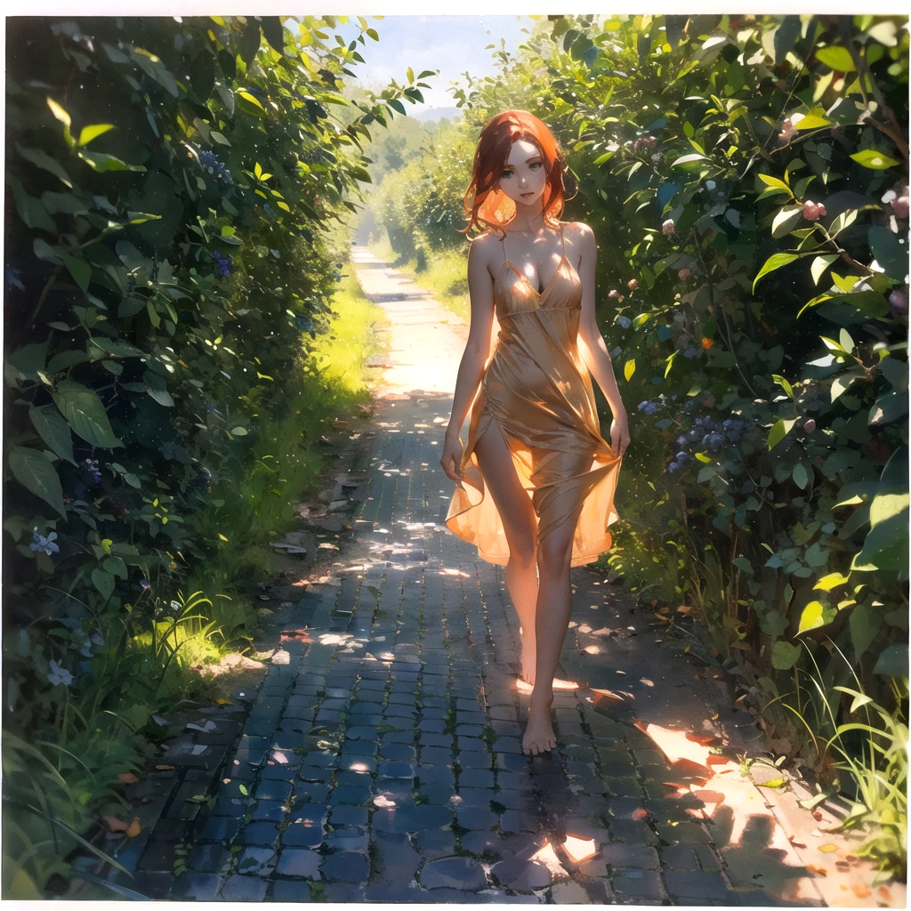 alone in the universe, in watercolor style, Photorealism, discreet golden and ruby and mint shades, (nude) a gentle, modest, thin girl of 16 years old with a very beautiful, sophisticated face of the southern type with a short dark hairstyle with beautiful breasts with tender nipples (barefoot) in a long old beige skirt walking in the distance (Across the desert), stunted little plants, drought, precious jewelry on the neck and chest and on the wrists, precious bracelets, ankle bracelets