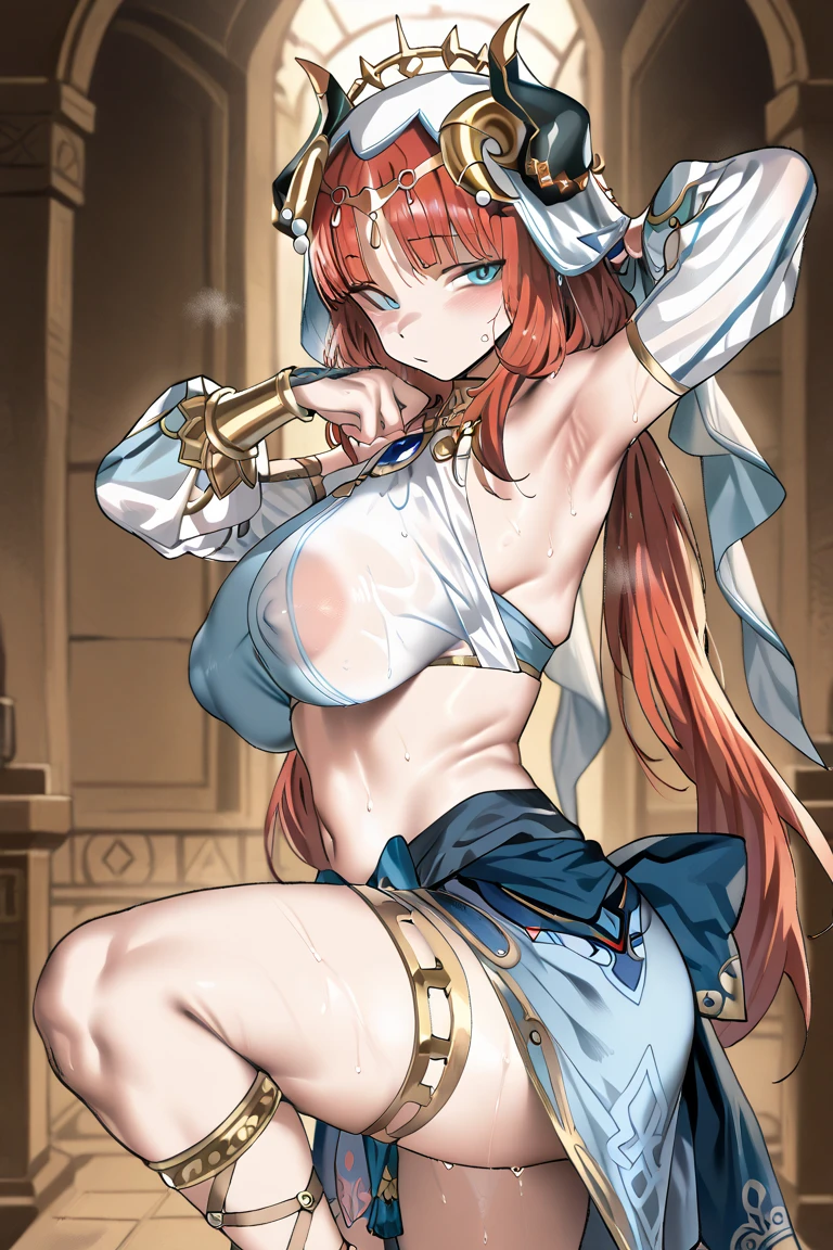 (masterpiece), best quality, expressive eyes, perfect face,Mature female,1 girl (nilou,Genshin impact),(harem outfit,exposed midriff,topless),royal bedroom background,medium breasts,smile,topless,nipple,slim figure,