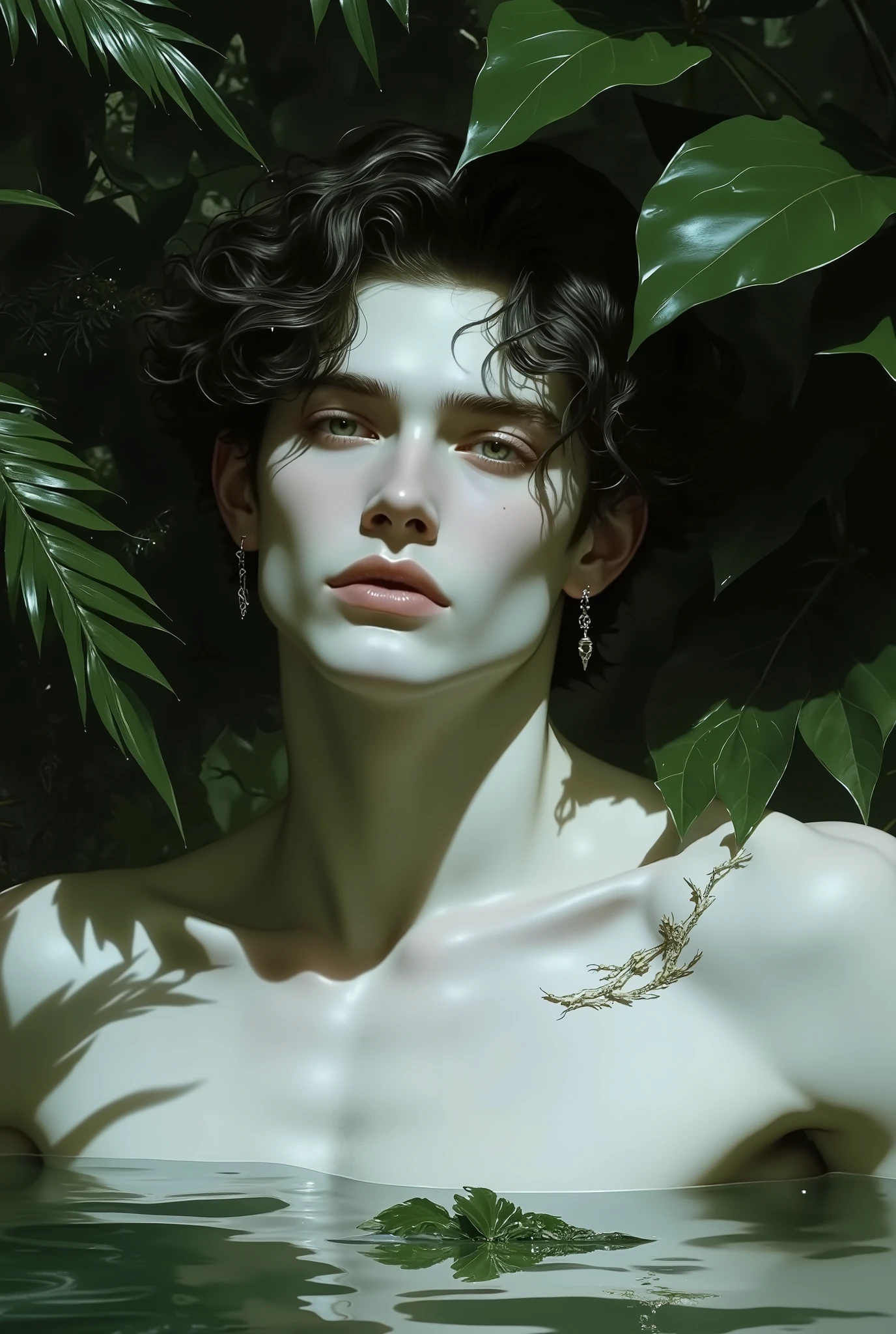 Narcissus as an adolescent Caucasian man, white pale skin , no beard, soft green grey eyes, dark afro expresso hair, face and features soft sculpted lips, well-defined jaws and cheekbones divine beauty , Divine Aura, the edge of a lake in a beautiful forest. golden ratio face