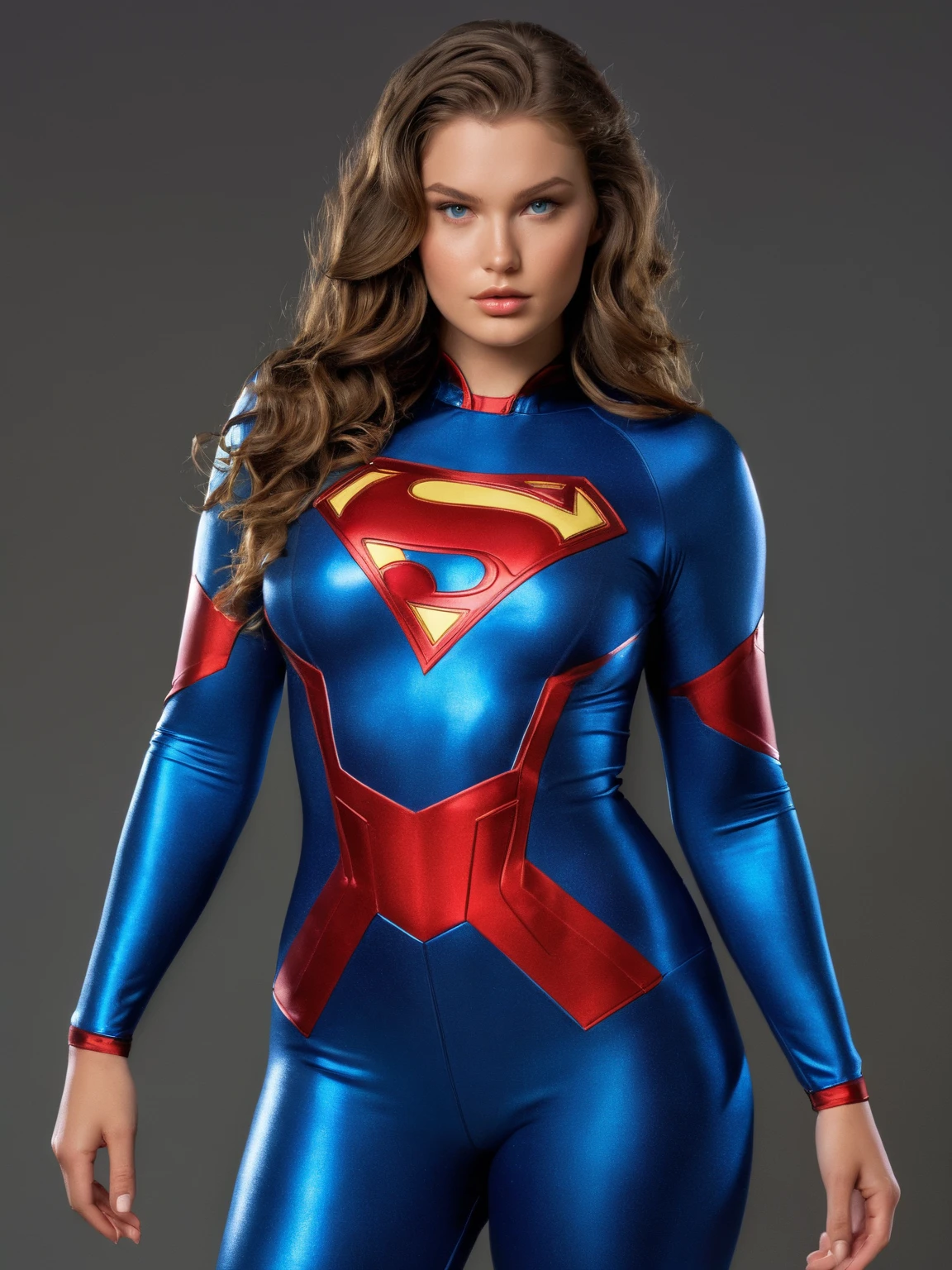 full body photo of a cute  cute ginger girl, (looking shy:1.3), freckles, detailed face, detailed skin, supergirl latex costume, beautiful body, large round blue eyes, black eyeliner, sensual lips, suggestive pose