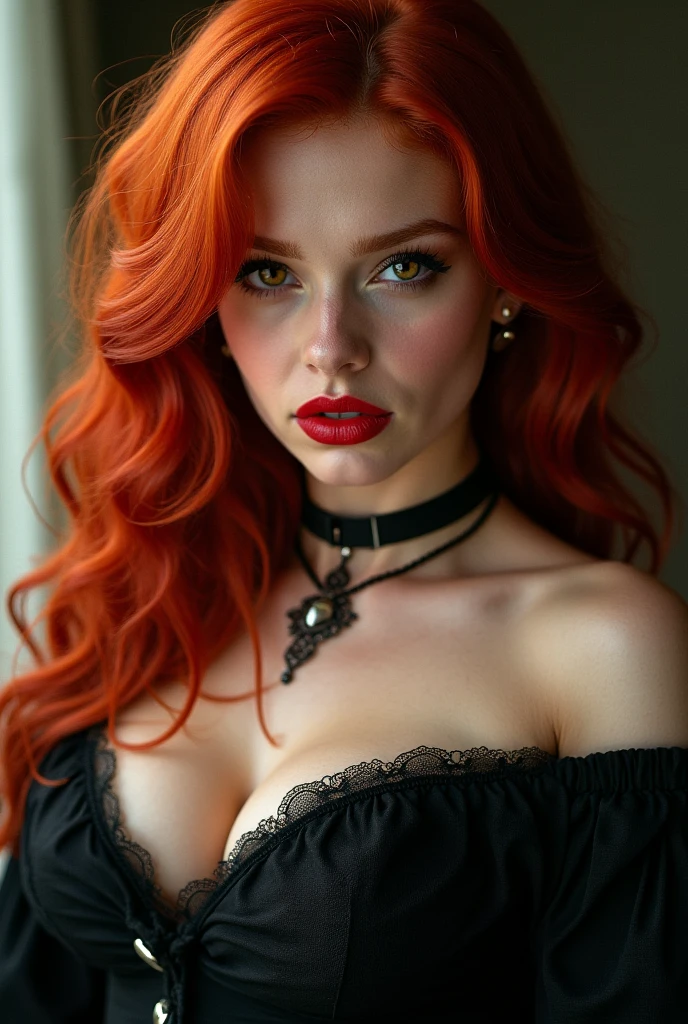 woman wearing lingerie, Red hair, long hair, hyperrealisti, 4K, work of art, comely, facing at viewer, Headshots, neckleace, dark lipstick, Lace bra