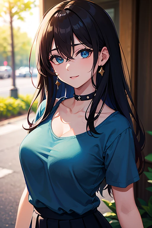 ((table top, highest quallity, high resolution, nffsw, pixel perfect, Written limit depth, 4K, nffsw, nffsw))), 1 girl, Solteiro, standing alone, cute anime girl, beautiful art style, anime character, ((long hair, bangss, chestnut hair)), ((greeneyes:1.4, round eyes, Beautiful eyelashes, realisitic eyes)), ((face detailed, blush:1.2)), ((smooth texture:0.75, realisitic texture:0.65, realisitic:1.1, anime CG style)), dynamic angle, ((brown sweater, longsleeve, Black Skirt, plaid hip skirt, chic, 1 diamond necklace)), ssmile, amusement park, ((Cherry blossoms, Cherry blossomsの花が散る))