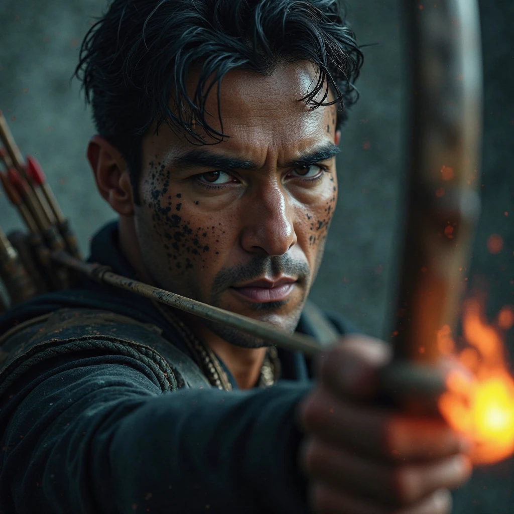 Portrait of a Thai man with short hair, a battle scar on his right eye, a beautiful mustache, very muscular, sweating all over his body, holding a sword raised ready to fight, wearing Thai warrior outfit from the Ayutthaya period, the light and shadow are clearly different, action movie, war scene, burning city, sparks, HDR 4K