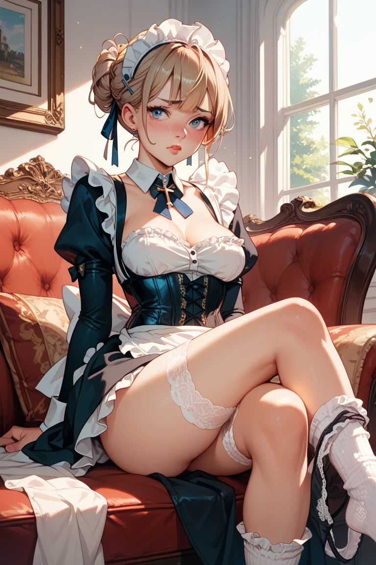 ((Sketch)), ((Watercolor)),((best quality)) ((best quality)), ((masterpiece)), (detailed), HD, Highly Detailed, 4k image, anime style, beautiful young teenage girl, 13 years old, pearly white skin, Blonde braided ponytail hair, adorable and cute facial features, golden-brown colored eyes, White Japanese Maid Uniform, Black sheer stockings plump thick lips, small minimal A-cup breasts, tall height(180cm), small narrow waist, wide curvy hips, plump large round ass, full body picture