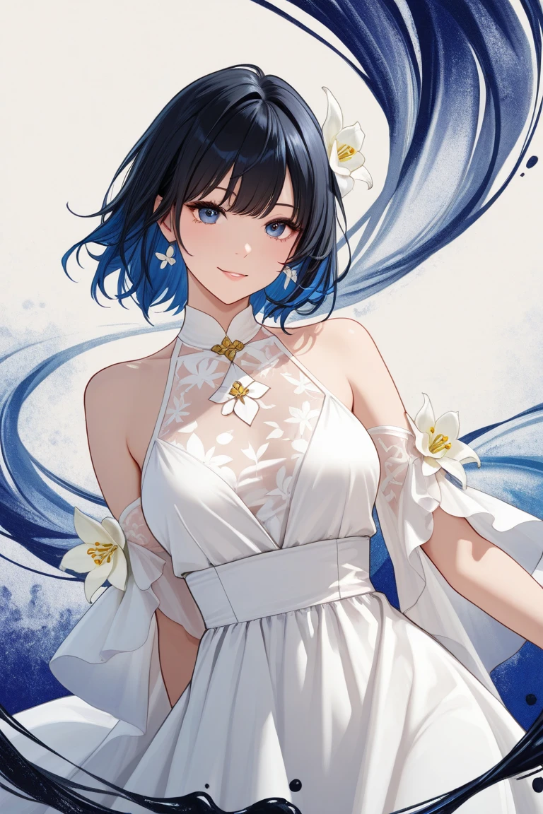 ((Highest quality)), ((masterpiece)), (detailed),Silhouette-Lighting , Japanese, 12 years old, Black Hair, Girl, (?????), (Blue eyes), ,half-smile ,Arching the back ,Lower ponytail , upper body, flower garden,


