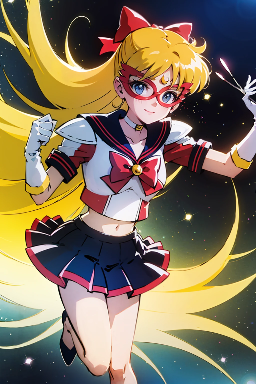 1girl, Tsukino Usagi, kawaii girl, (((yellow hair))), twintails, sailor suit, smile, crescent moon, red hair ornament, night, turn around, red ribbon on waist, starry sky