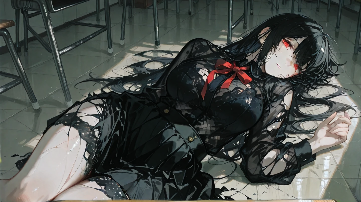 1 girl, ahoge, bangs, black-framed glasses, black dress, blur, blurred background, depth of field, glasses, looking at the audience, parted lips, piercing, purple eyes, upper body, very long hair, blood all over, lying flat on the ground, blood stains on face, eyes closed, delicate facial features