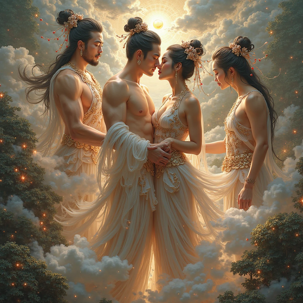 (couple ???? cuddling) rough man Zeus muscular naked, beautiful, sexy, big breasts, cleavage, bare legs, see-through, standing, hanfu, wet, clear, realistic, highest detail, Chinese mythology, dragon pattern, phoenix, sacred, holy, golden mountains, heavenly palace, countless palaces, clouds, golden light, ???? on vagina, ????? on vagina