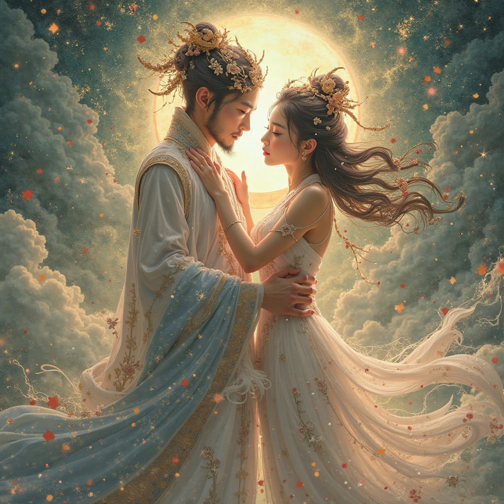 a chinese mostly naked girl in transparent sheet dance tango with a young man in moonlight, exposed, long hair girl, visible