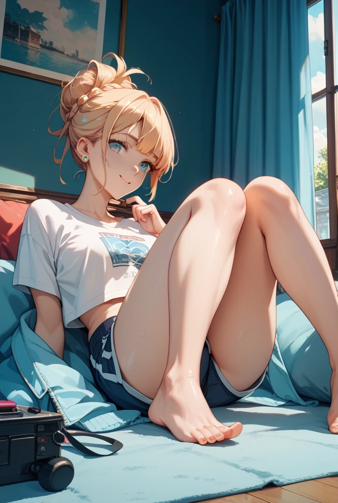 ((Cute Japanese woman)), lying on her back on a pink sofa in a western style living room, (wearing big headphones, straight black long bob)), white and blue striped tank top, denim shorts, cheerful and lively smile, side angle, curtains closed, black TV screen, bright lighting, animation, 4K, best quality, masterpiece