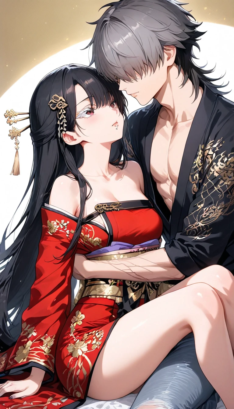 Period drama manga style A 15-year-old super beautiful Chinese girl with black hair in a bun cut(1 person) She is wearing a royal long-sleeved Chinese dress In a dimly lit bedroom Floral Futon She is forced to be held by the perverted old emperor while facing each other, and cries in fear. She exposes her nipples and faces the man as he inserts his penis into her pussy and they begin having sex. She wraps her legs around the man She loses her virginity and becomes pregnant She was given a deep kiss and had semen ejaculated into her with a high-speed piston.