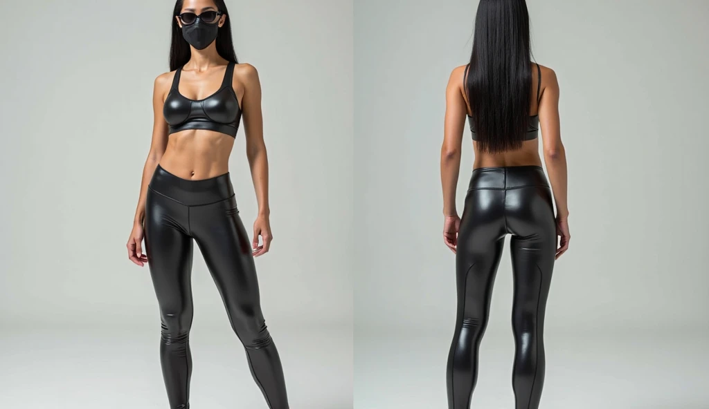 (Age 22, Mature) (Beautiful Korean woman, long, long_hair), masterpiece, wearing black shiny leggings and a midriff and a face veil and leather high heel boot, (thigh thigh gap 1.1), hourglass_figure, detailed facial features, detailed, symmetry, cinematic lighting, soft lighting